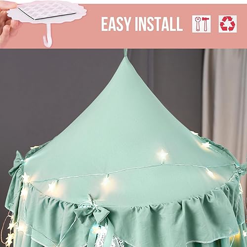 Miniatura 6 de Kertnic Toldo de cama para niñas, toldo de princesa rosa suave con volantes, decoración de lazo de ensueño, toldos de cama para habitación de los