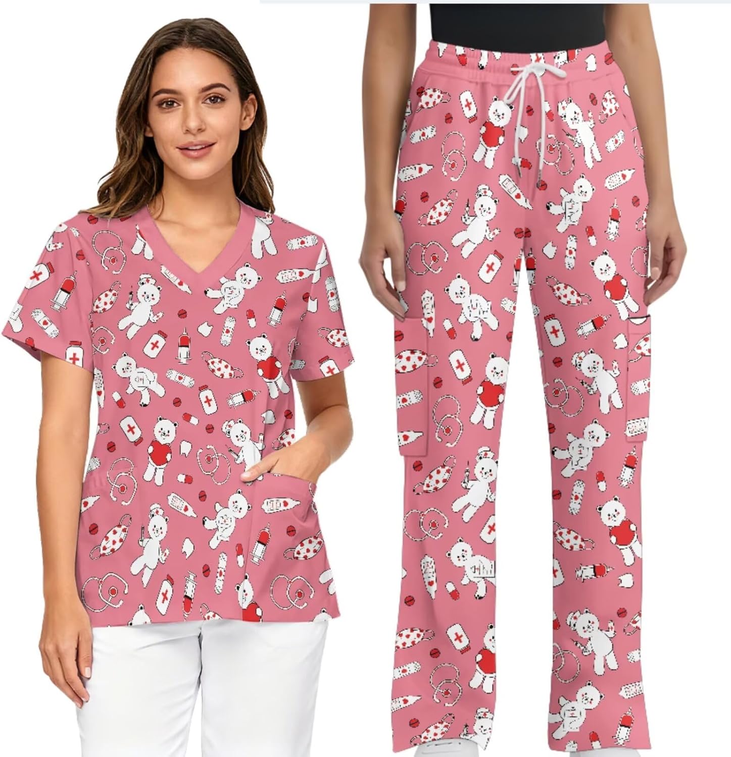 Scrubs Set for Women Nurse Uniform Jogger Suit Stretch Top & Pants with Multi Pocket Nurse Esthetician Workwear