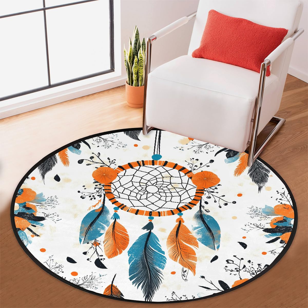 Boho-Traumfänger-Teppich, Blumenmuster, rund, waschbar, Gaming-Teppich für Schlafzimmer, Wohnzimmer, Arbeitszimmer, Bodenmatte, 160 cm
