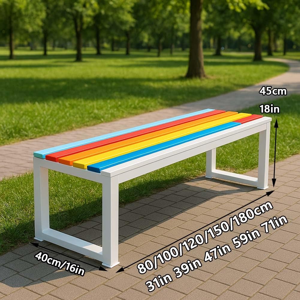 Ławka ogrodowa, do użytku na zewnątrz, drewniana ławka do siedzenia, 80 cm, 100 cm, 120 cm, 150 cm, odporna na warunki atmosferyczne, metalowa rama, pojemność 2-4 osób, bez oparcia, meble tarasowe, do