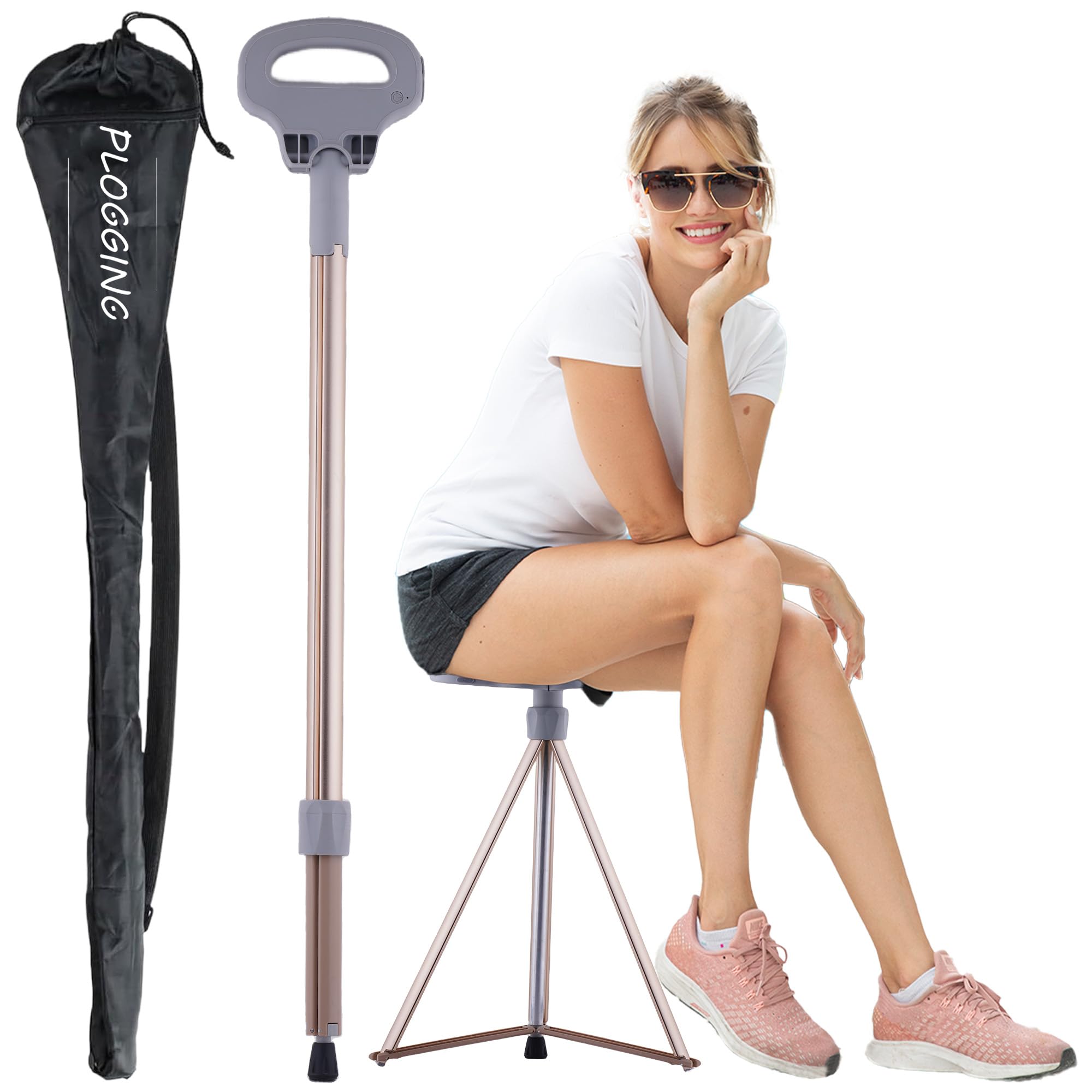 Sedia a canna portatile a pogging pieghevole, bastoncino a piedi leggero con sedile, bastone robusto del treppiede per uomini e donne con sacchetto da viaggio, canna da passeggio con sedile