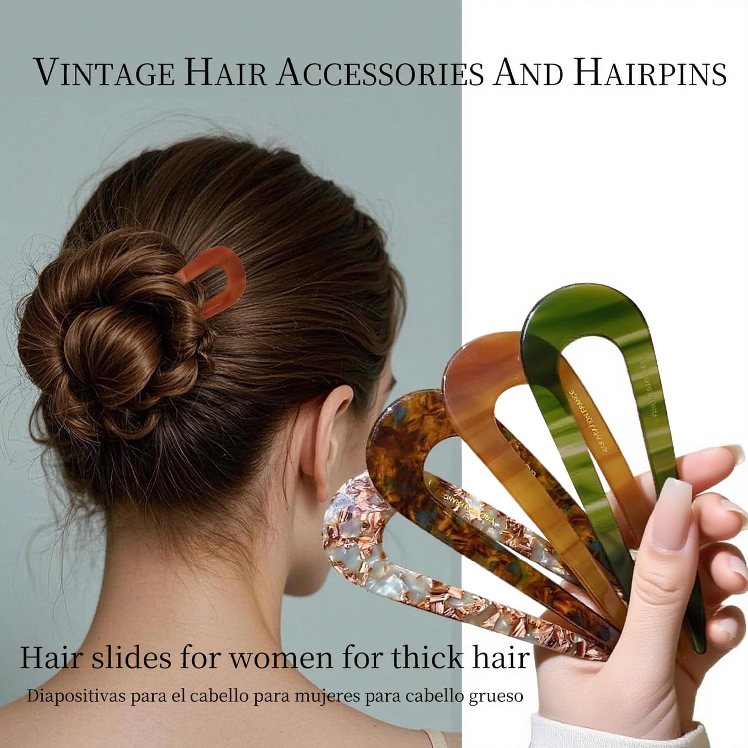5Pcs Hair Sticks Set, U-Shaped Vintage Boho Hair Pins with Tortoiseshell/Cream/Green Colors - Image 3