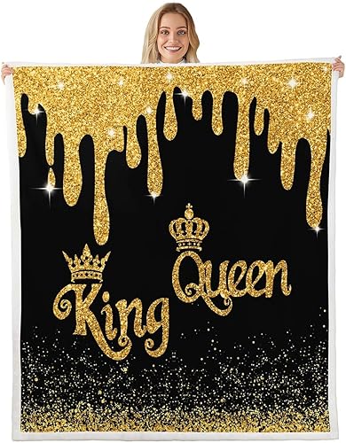 Miniatura 27 de Manta de franela King y Queen, manta de vellón con corona para decoración de habitaciones, manta de lentejuelas doradas para sofá y sofá, manta