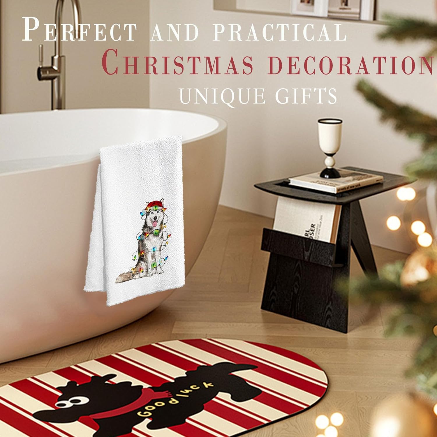 Husky Christmas Kitchen Towels Dog Kitchen Hand Towels for Bathroom, Husky with Christmas Hat Farmhouse Towel Festive Holiday Dish Towels Dog Gifts for Dogs Mom Lovers 16x24 - Image 4