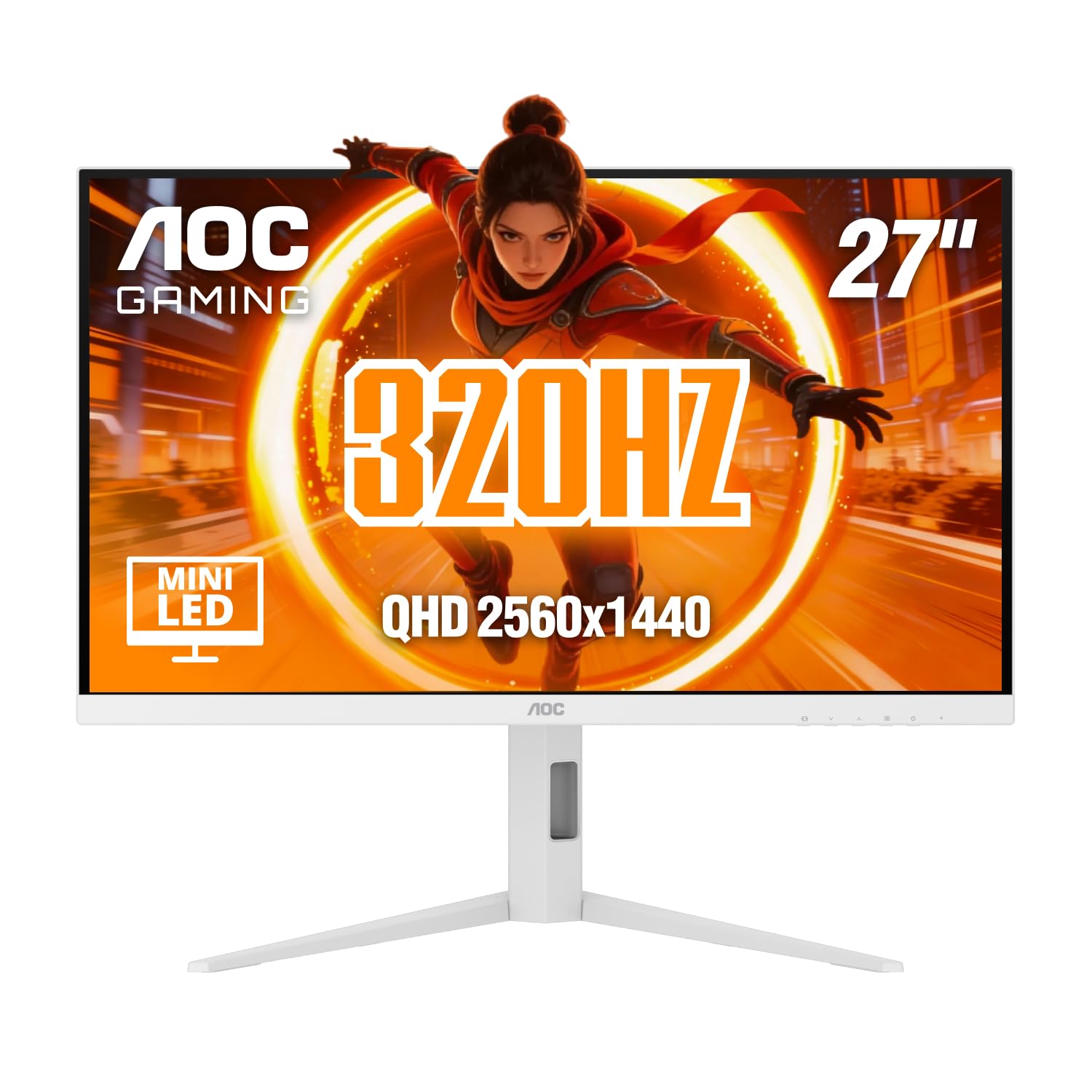 AOC 27" Inch Mini-LED Gaming Monitor, QHD 2560×1440, 320Hz, 1ms GtG, DisplayHDR, IPS, Adaptive Sync, HDMI 2.1, DisplayPort 1.4, Height Adjustable Stand, 3-Year Zero-Bright-Dot, White, Q27G4SLM/WS 27" 320Hz Mini-LED White