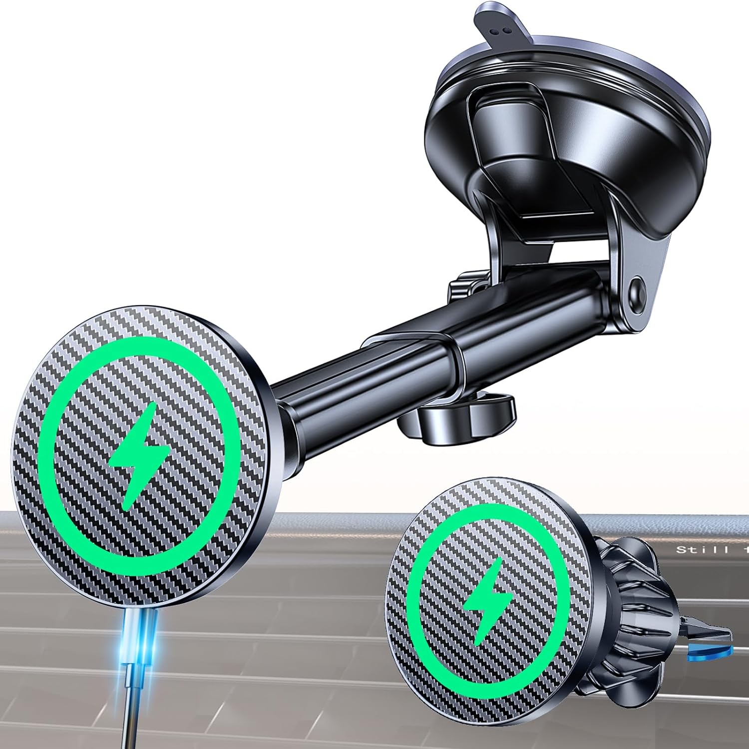 Coolpow for MagSafe Car Mount Charger【Ultra Magnet】 Magnetic Phone Holders for Your Car Charger【Windshield+Vent+Dash】 Magnetic Wireless Car Phone Holder Charger Car Mount for iPhone 17 (Carbon Fiber)