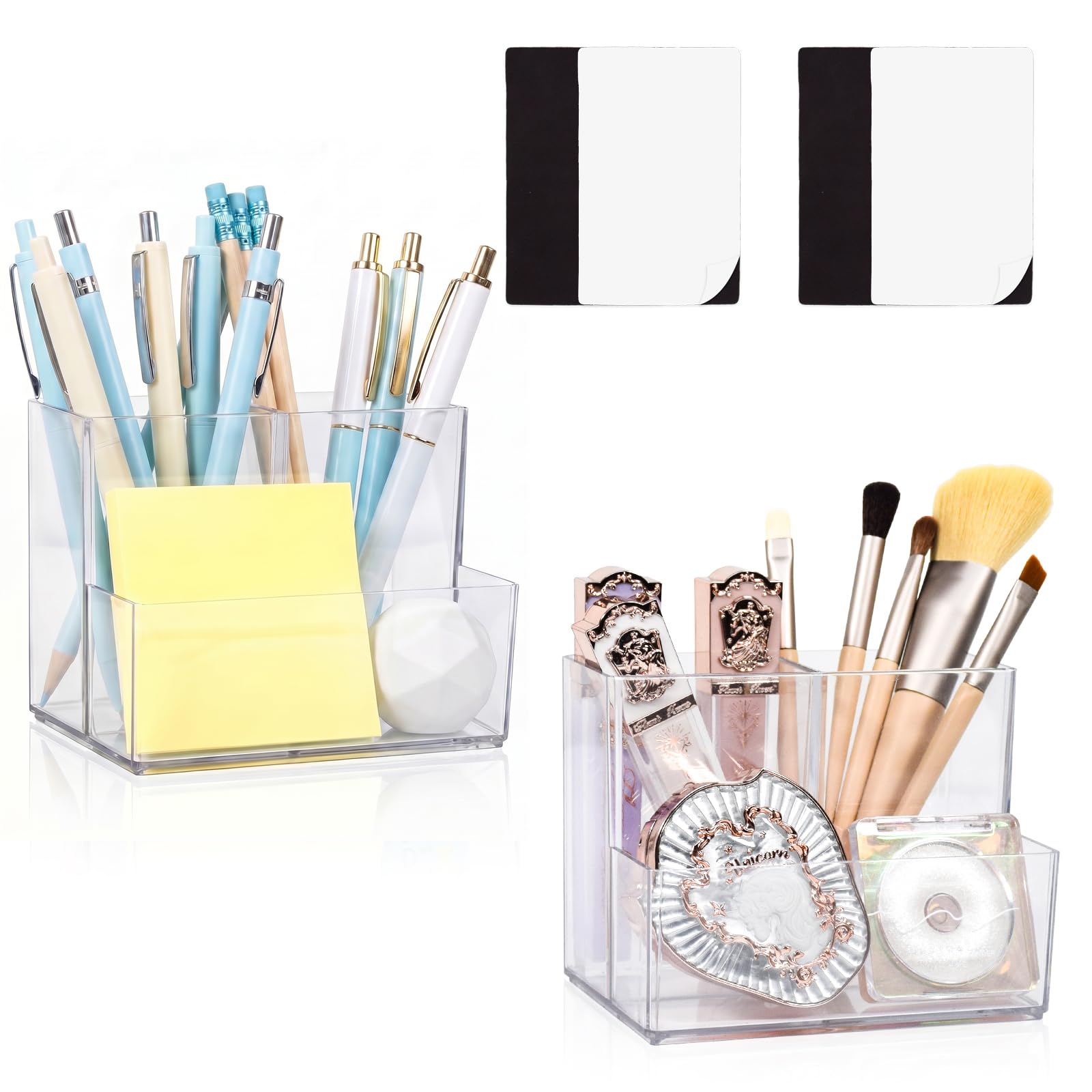 Marte Vanci Acrylic Pencil Holder, Clear Pen Pot for Desk, Makeup Brush Holder, Small Desktop Organiser Accessories 3 Slots for Office School Vanity Supplies with 2 Magnetic Squares (Clear, 2 Pack)