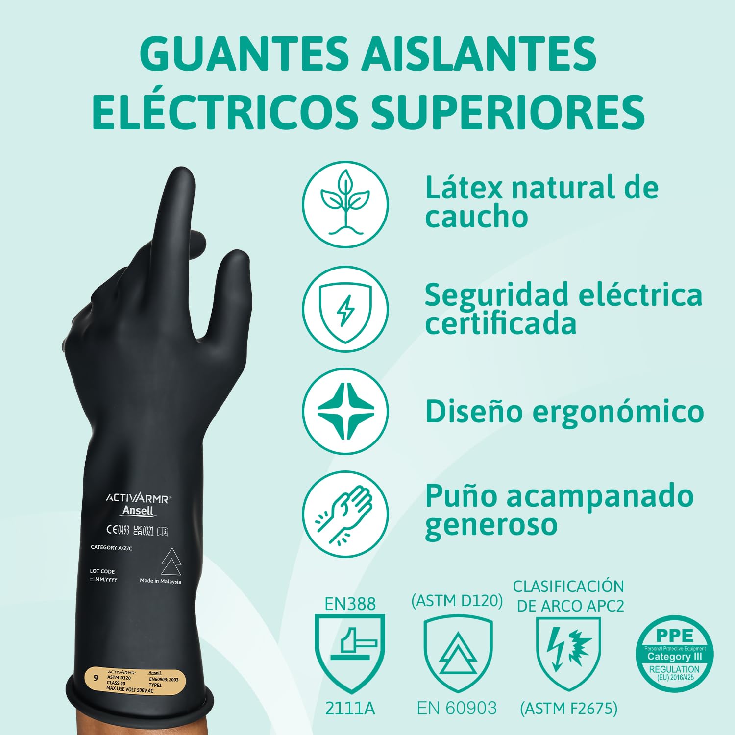 Ansell ActivArmr Guantes Aislantes Dieléctricos, Protección Eléctrica Class 00, Tensión 500V, Trabajos con Electricidad, Látex de Caucho Natural, 36 cm, Negro, Talla L, 1 Par