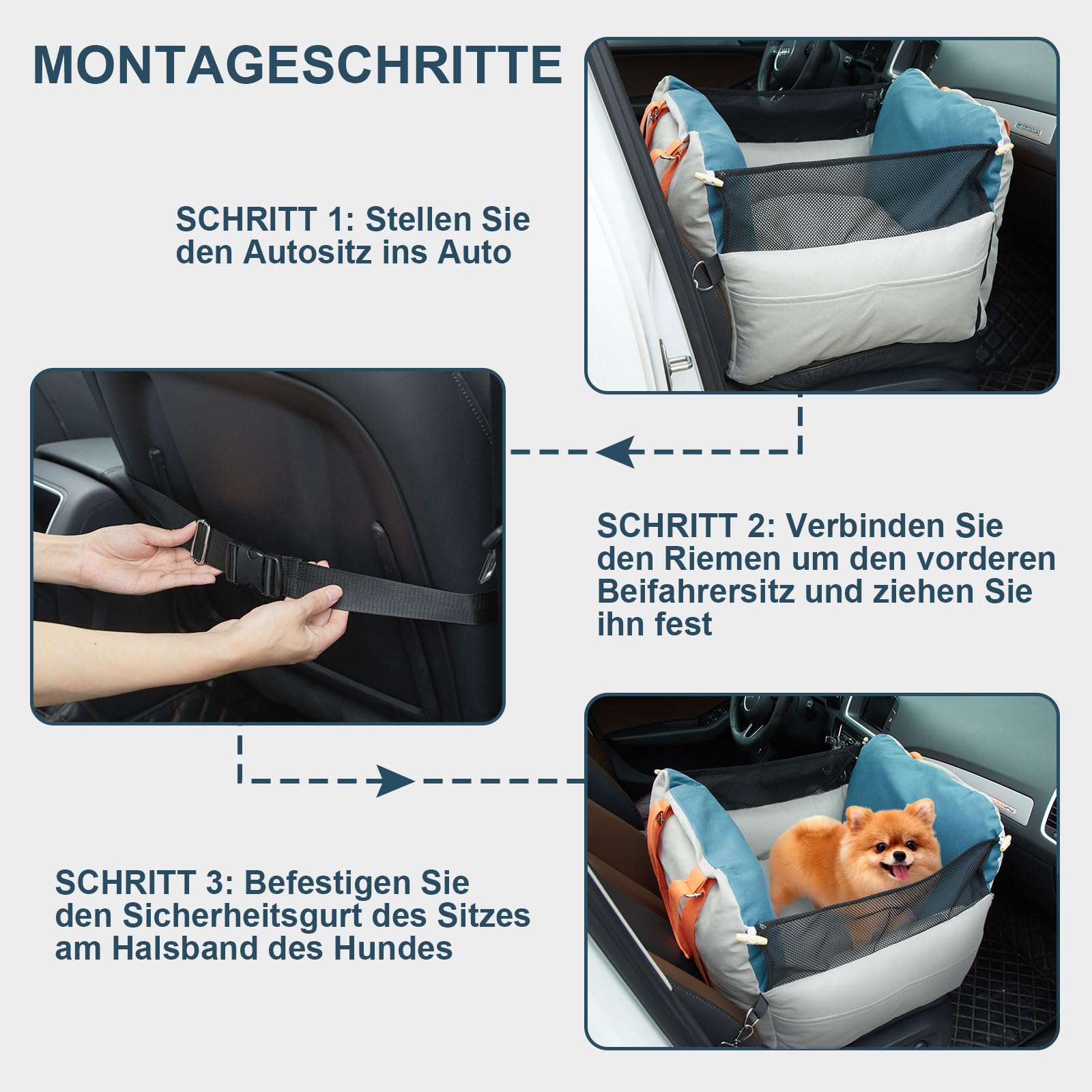 Ownpets Hunde Autositz Klein-Mittel, waschbar & erhöht, Mit Sicherheitsgurt | 3-in-1: Tragetasche & Sofa, Oxford-Stoff kratzfest, Reduziert Reiseangst, Werkzeuglose Montage