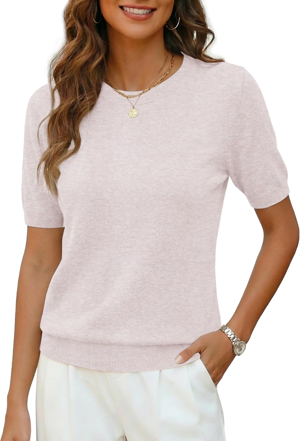 LaGracia Short Sleeve Sweater for Women Wool Blend Crewneck Business Casual Pullover Lightweight Sweaters