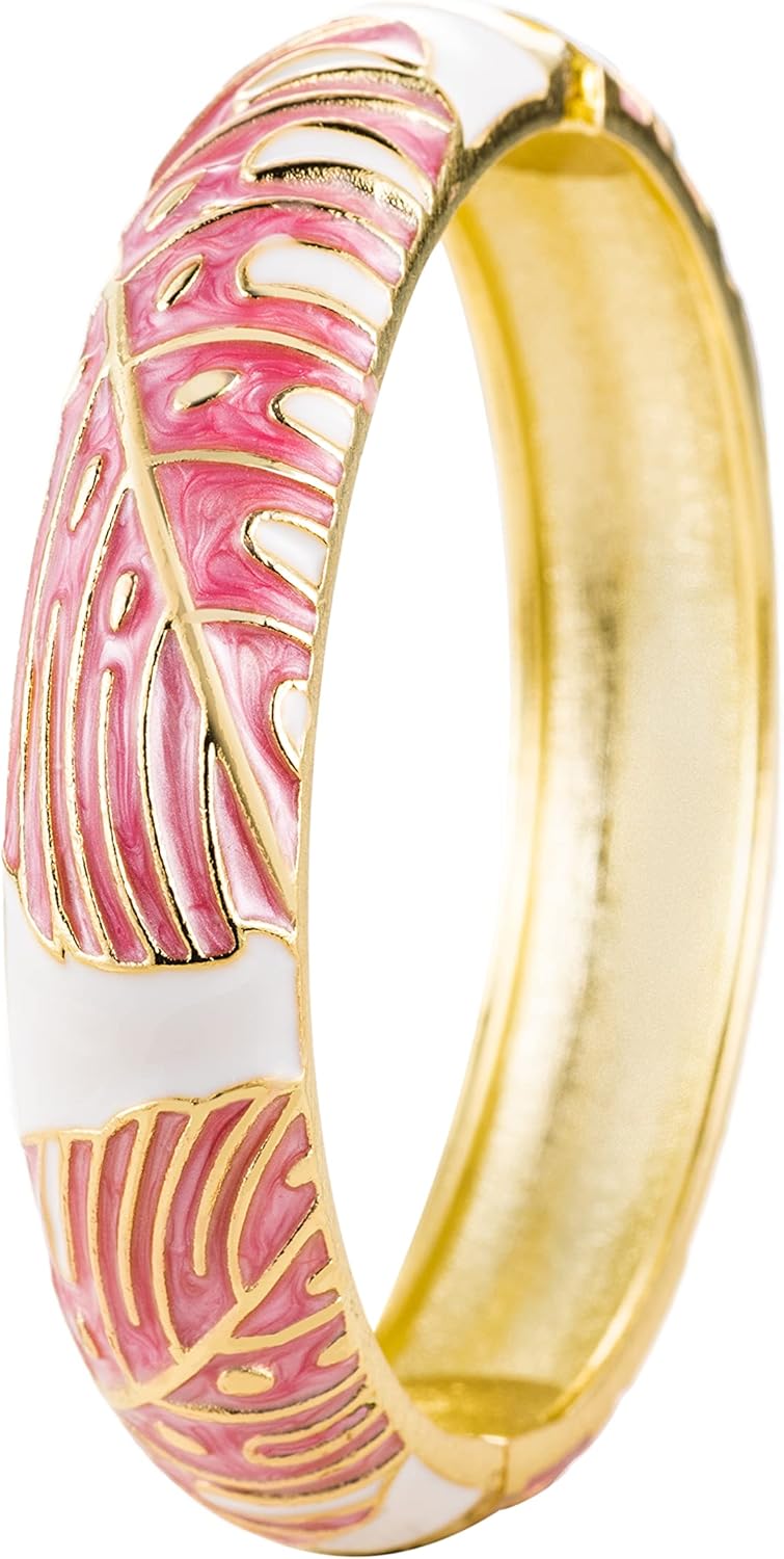 Hawaiian Monstera Luau Leaves Hinged Clasp Fashion Enamel Bangle Bracelet