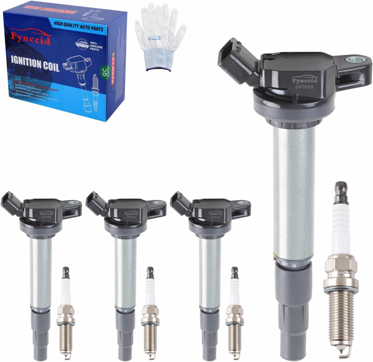 UF596 High-Performance Ignition Coils & Iridium Spark Plugs Set of 4 Compatible with Toyota Corolla/Matrix/Prius, Lexus CT200h, Scion xD/IM, Pontiac Vibe 1.8L L4 - Replaces UF619 90919-02258