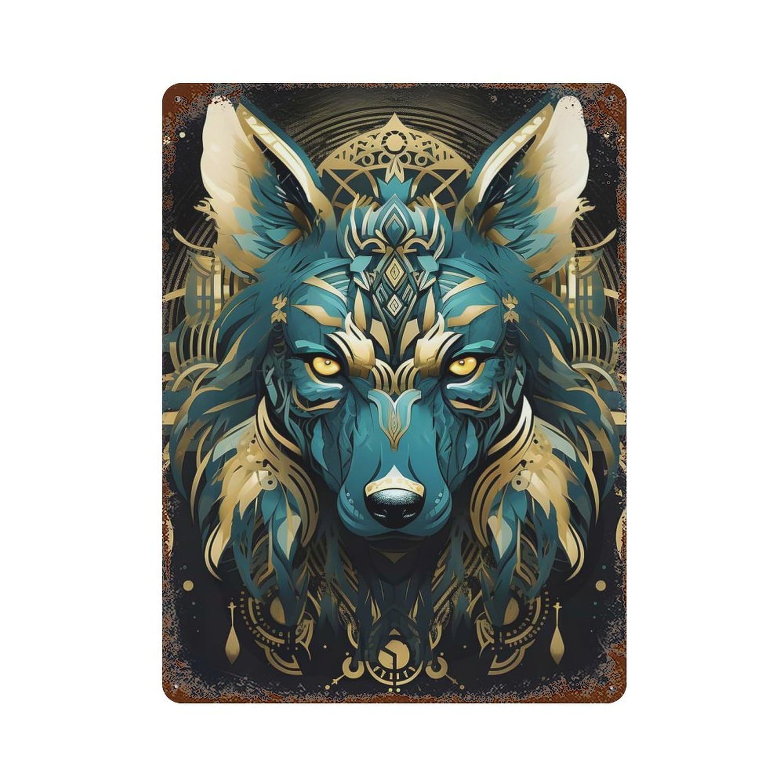 Native Turquoise Wolf Aged Metal Wall Plaque 15.7"x11.8", for Office, Studio And Wall Decor, Novelty Wall Decor