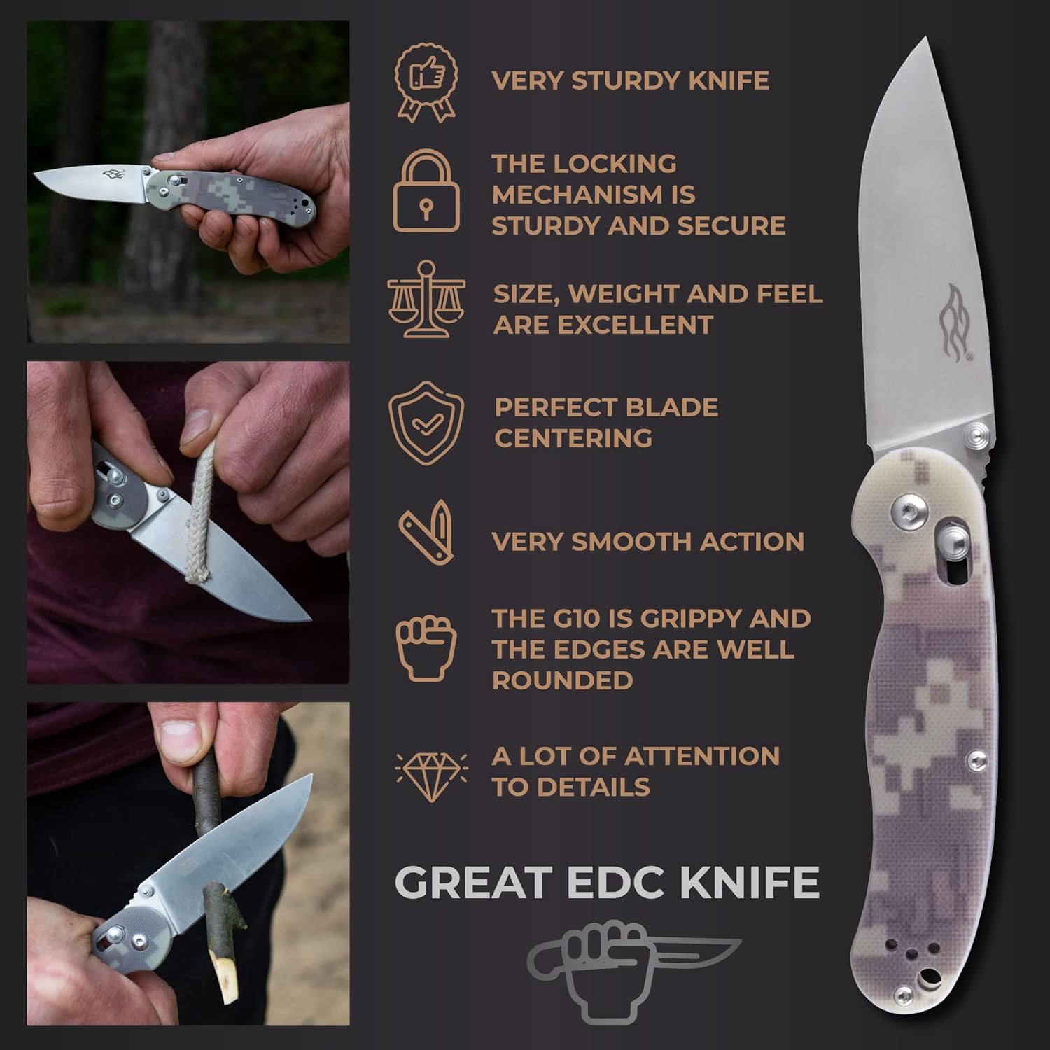 Firebird GANZO FB727S-CA Folding Pocket Knife 440C Stainless Steel Blade G10 Handle with Clip Hunting Fishing Outdoor EDC Knife (Camouflage)
