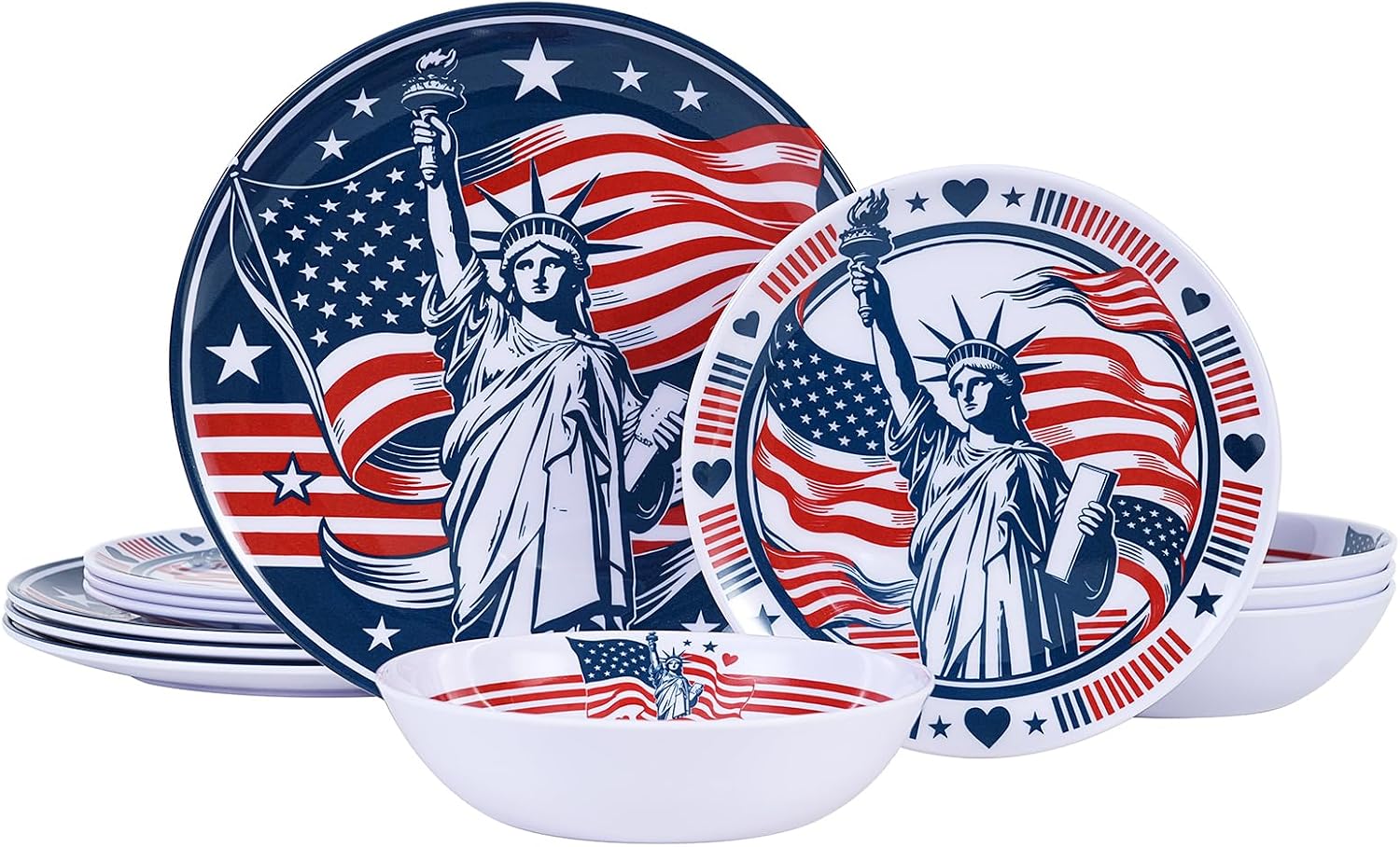Webbylee 12 Piece Melamine Dinnerware Set,Unbreakable Plates and Bowls with Statue of Liberty&American Flag Pattern,Lightweight Outdoor Dishes for RV Camping Picnic,4th of July Independence Day Decor