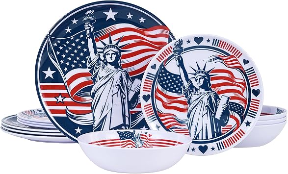 Webbylee 12 Piece Melamine Dinnerware Set,Unbreakable Plates and Bowls with Statue of Liberty&American Flag Pattern,Lightweight Outdoor Dishes for RV Camping Picnic,4th of July Independence Day Decor