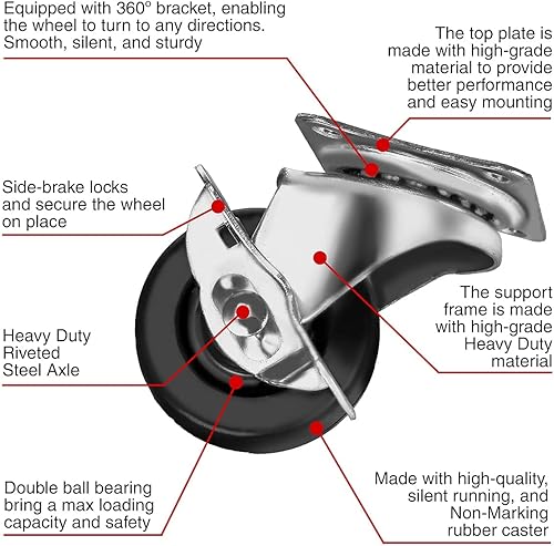 Miniatura 10 de FactorDuty - Rueda giratoria de 2 pulgadas con freno, hecha de goma dura, con placa superior y rodamiento