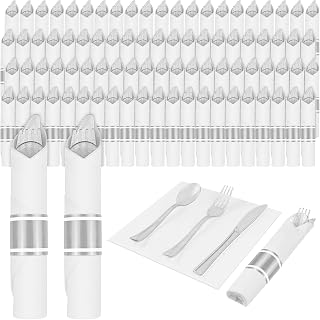 100 Pack Pre Rolled Disposable Silverware Set with Napkins - Heavy Duty Plastic Cutlery Utensils for Wedding Party Camping Travel - Clear Silver Glitter Flatware
