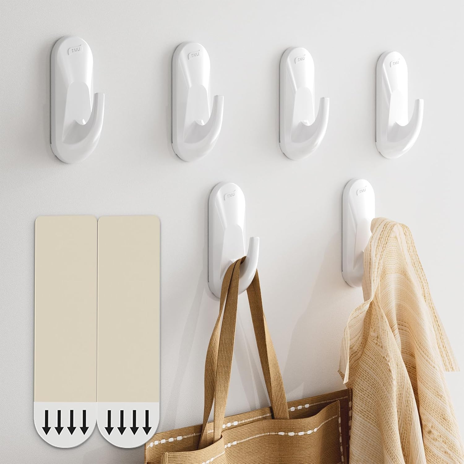 Damage-Free Adhesive Hooks, 6 Hooks, Heavy-Duty Utility Hooks for Home Storage & Decoration, Holds up to 3 lb, White