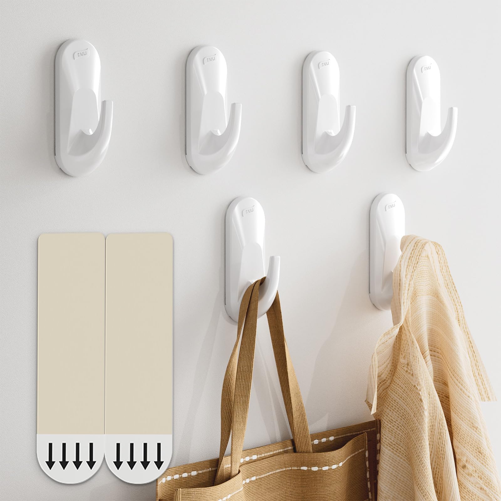 Damage-Free Adhesive Hooks, 6 Hooks, Heavy-Duty Utility Hooks for Home Storage & Decoration, Holds up to 3 lb, White