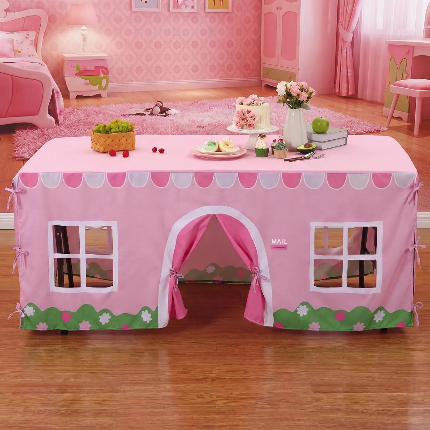 Oudain 10ft x 7.5ft Large Tablecloth Playhouse for Kid Table Fort Cover Table Cloth House Tent Playhouse for Dining Room Birthday Indoor Outdoor Party Playground (Pink White Color, Farmhouse Style)