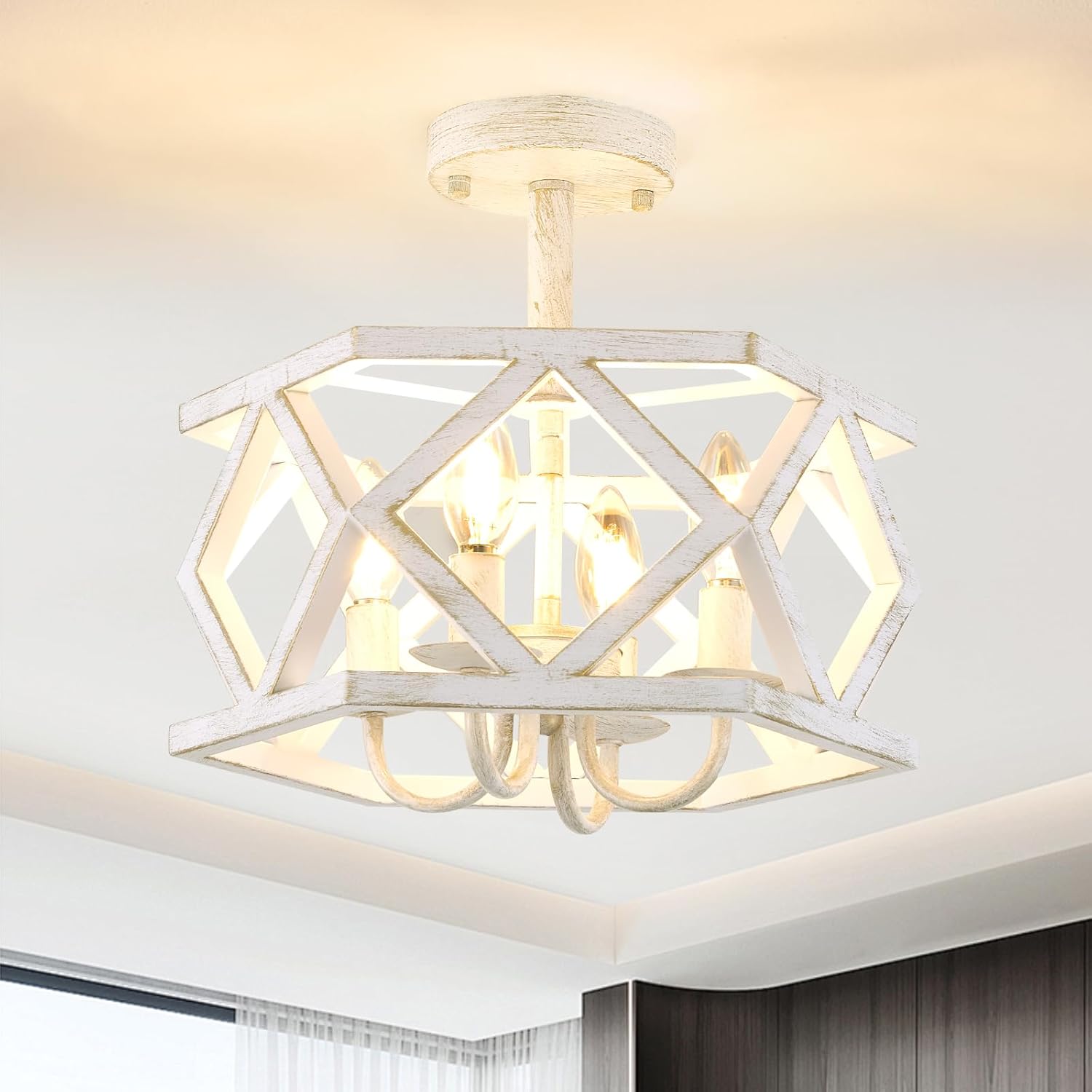 Antique White Semi Flush Mount Ceiling Light, Modern Foyer Lighting Fixture, 4-Light Metal Ceiling Lamp, Small Farmhouse Chandelier for Hallway Entryway Porch Bedroom Kitchen