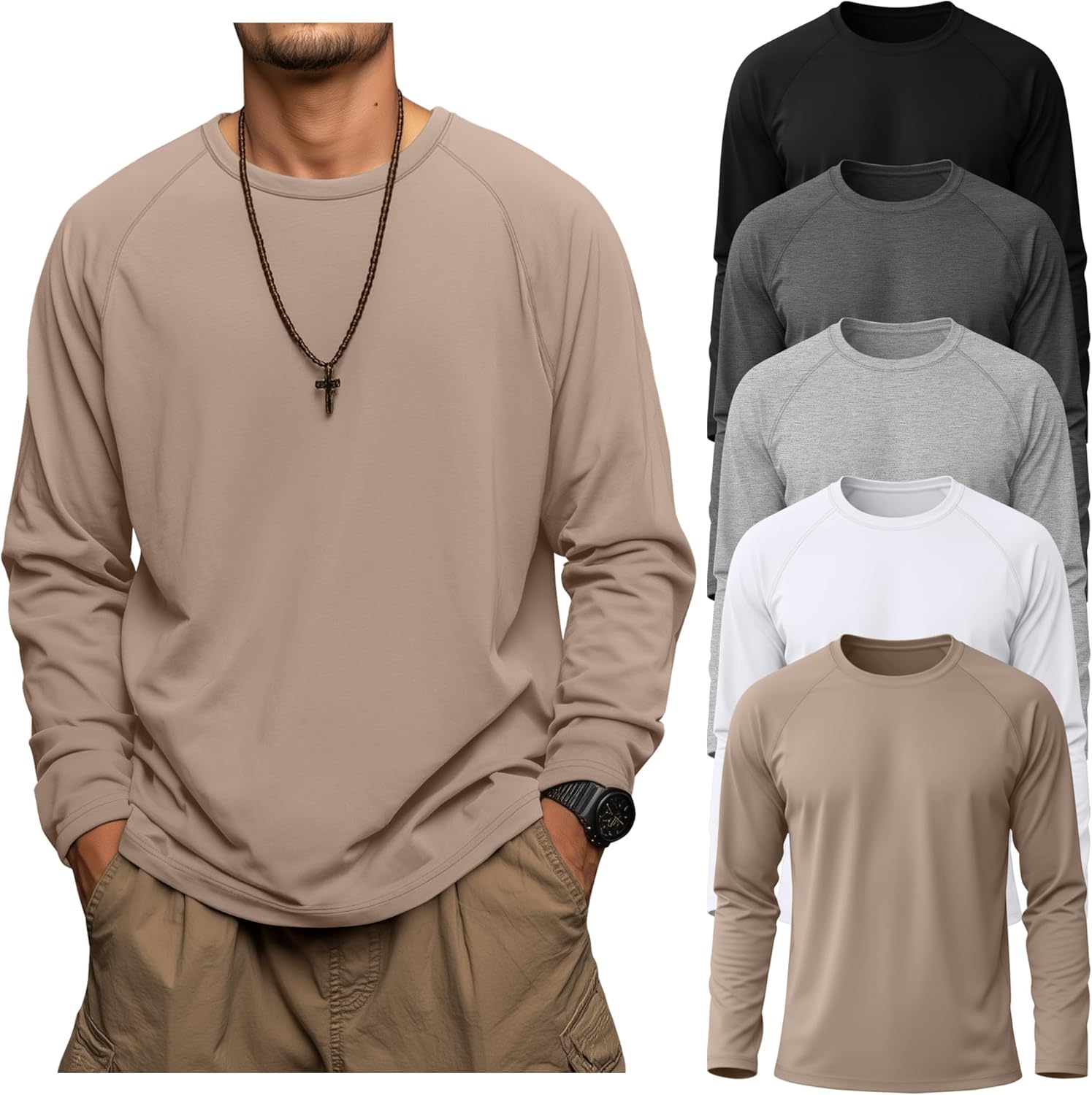 Riyiper 5 Pack Mens Big and Tall Shirts Cotton Long Raglan Sleeve Top Casual Basic Shirt Crewneck Oversized Multipack Tee