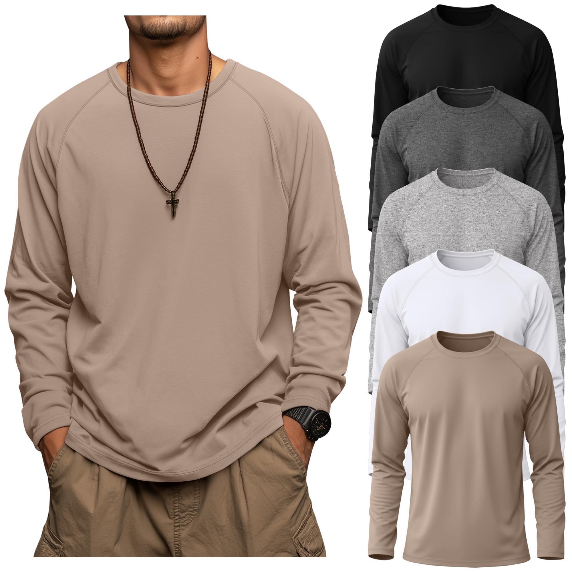 Riyiper 5 Pack Mens Big and Tall Shirts Cotton Long Raglan Sleeve Top Casual Basic Shirt Crewneck Oversized