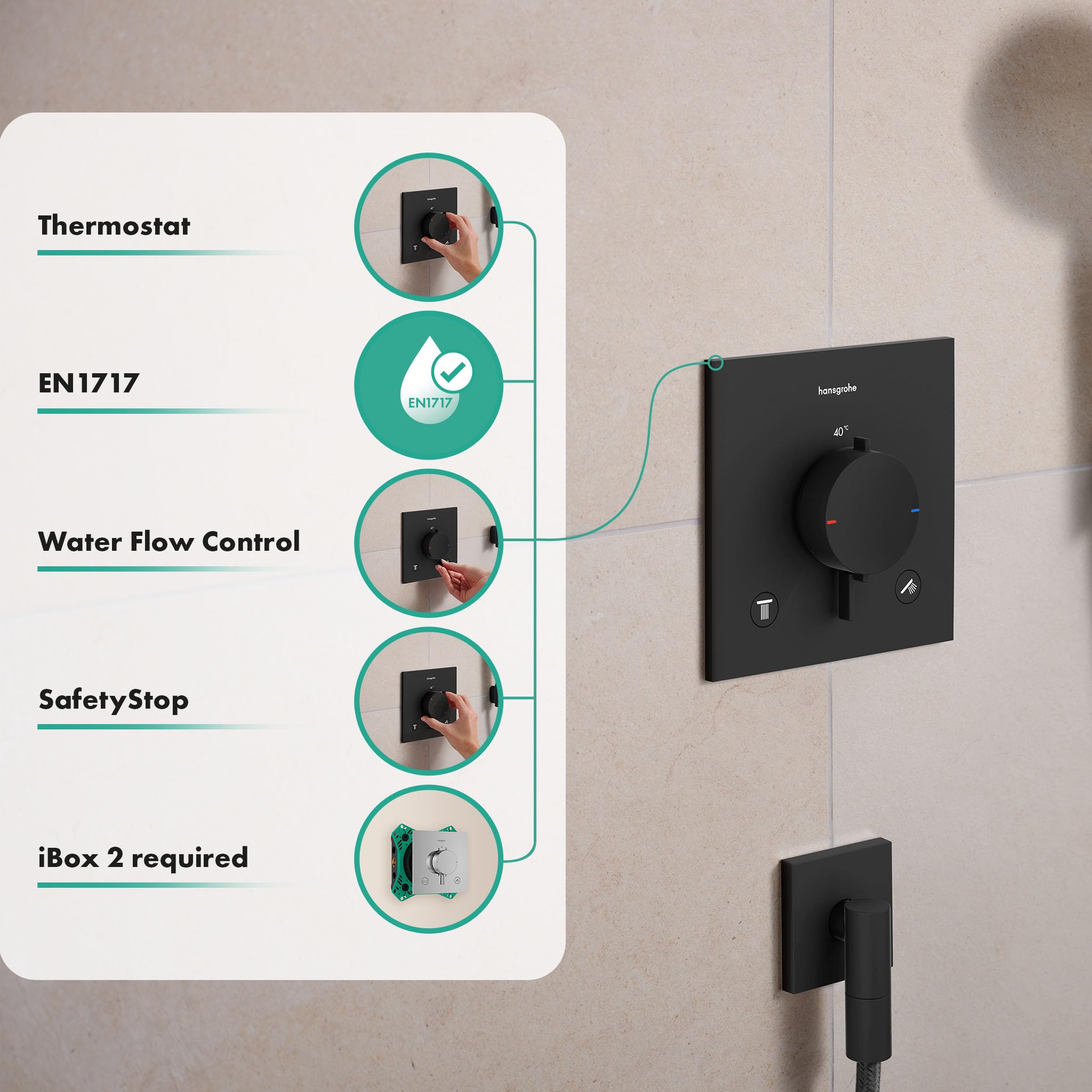 hansgrohe Ecostat Comfort E 33716670 termostat prysznicowy podtynkowy z kombinacją bezpieczników, armatura prysznicowa z blokadą bezpieczeństwa (SafetyStop) w temperaturze 40°C, termostat dla 2