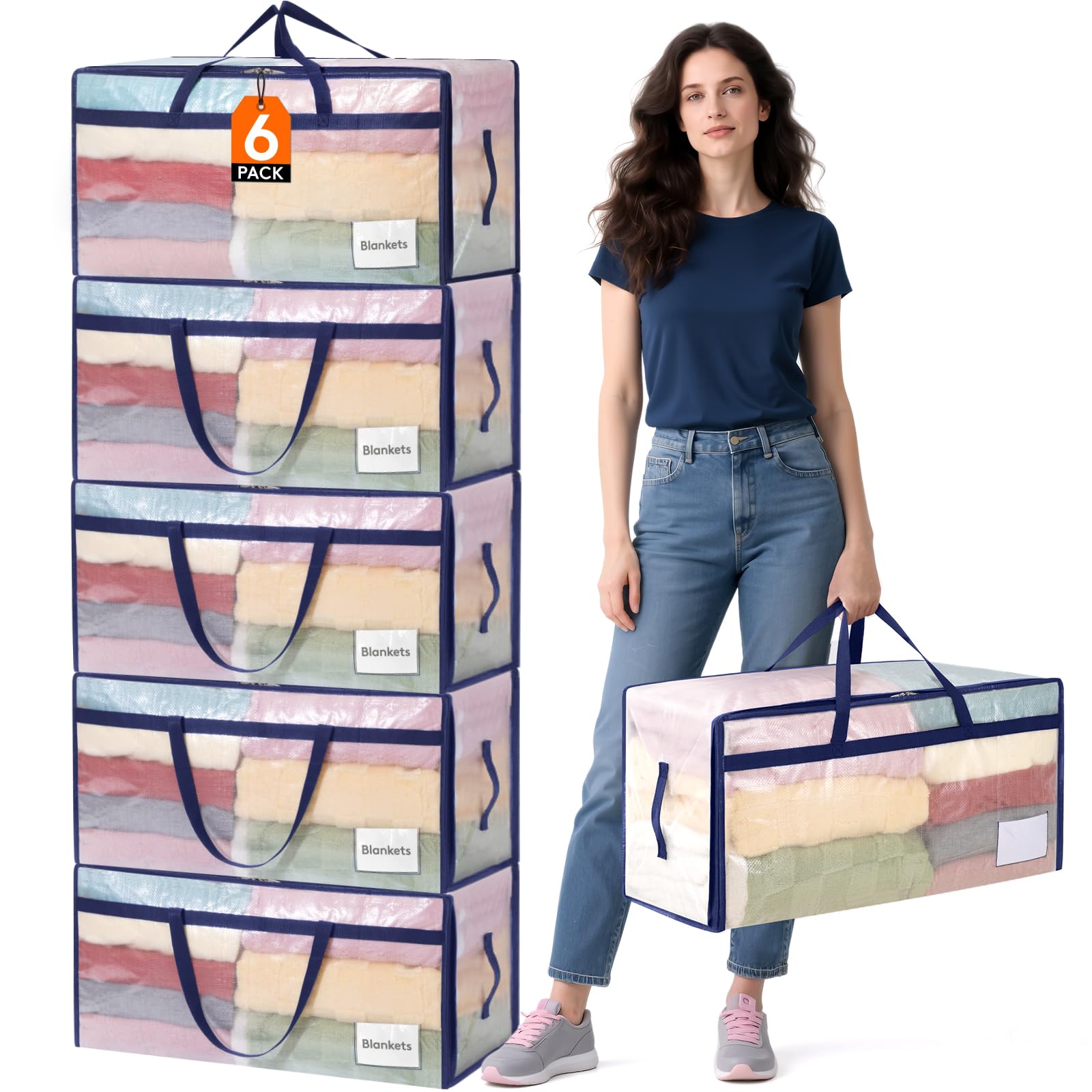 Lifewit 6 Pack Large Moving Bags with Lids and Sturdy Handles, 90L Heavy Duty Packing Organizers for Moving House, Clothes Bedding Blanket Comforter Toys Storage Bags, Transparent — image 1