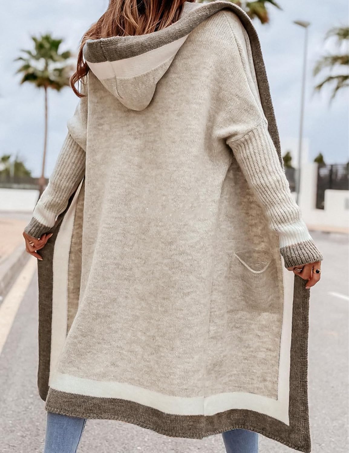 Yimoon Womens Long Cardigan Sweater Color Block Open Front Hooded Cardigan Oversized Knit Sweater Outwear - Image 5