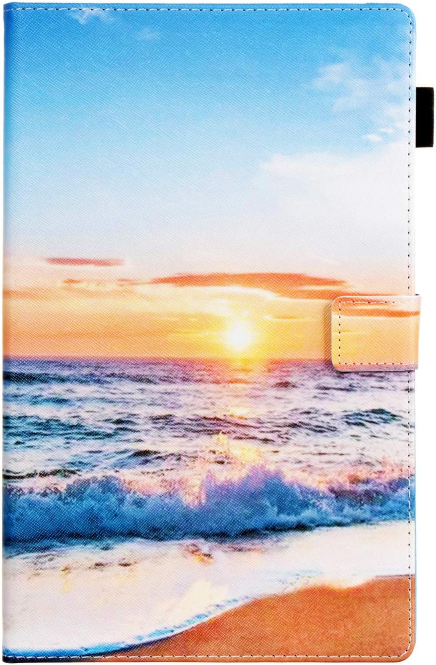 for Amazon Kindle Fire HD 10 Case 10.1 inch Tablet 9th/7th Generation (2019/2017) with Pencil Holder/Card Pockets [Auto Wake/Sleep] Smart Magnetic PU Leather Folio Stand Cover, Beach Sunrise