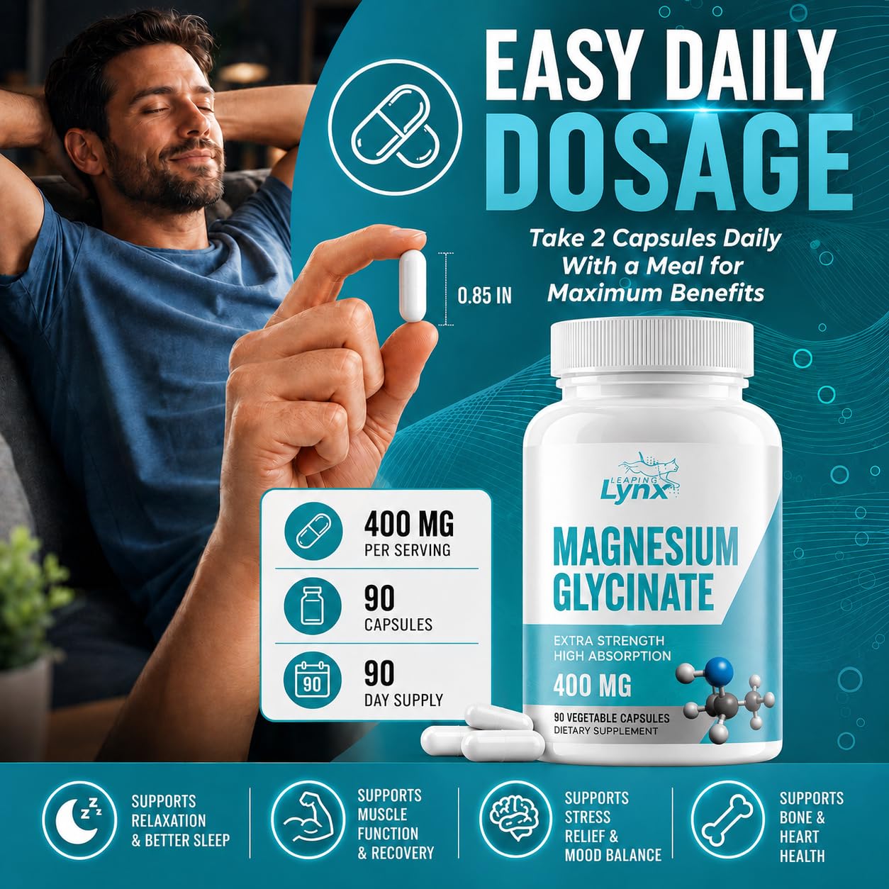 Magnesium Glycinate 400mg – Chelated Magnesium Bisglycinate Supplement for Sleep, Relaxation, Muscle, Nerve & Heart Health Support – High Absorption, Non-GMO, 90 Capsules, 90-Day Supply — Amazon image 5