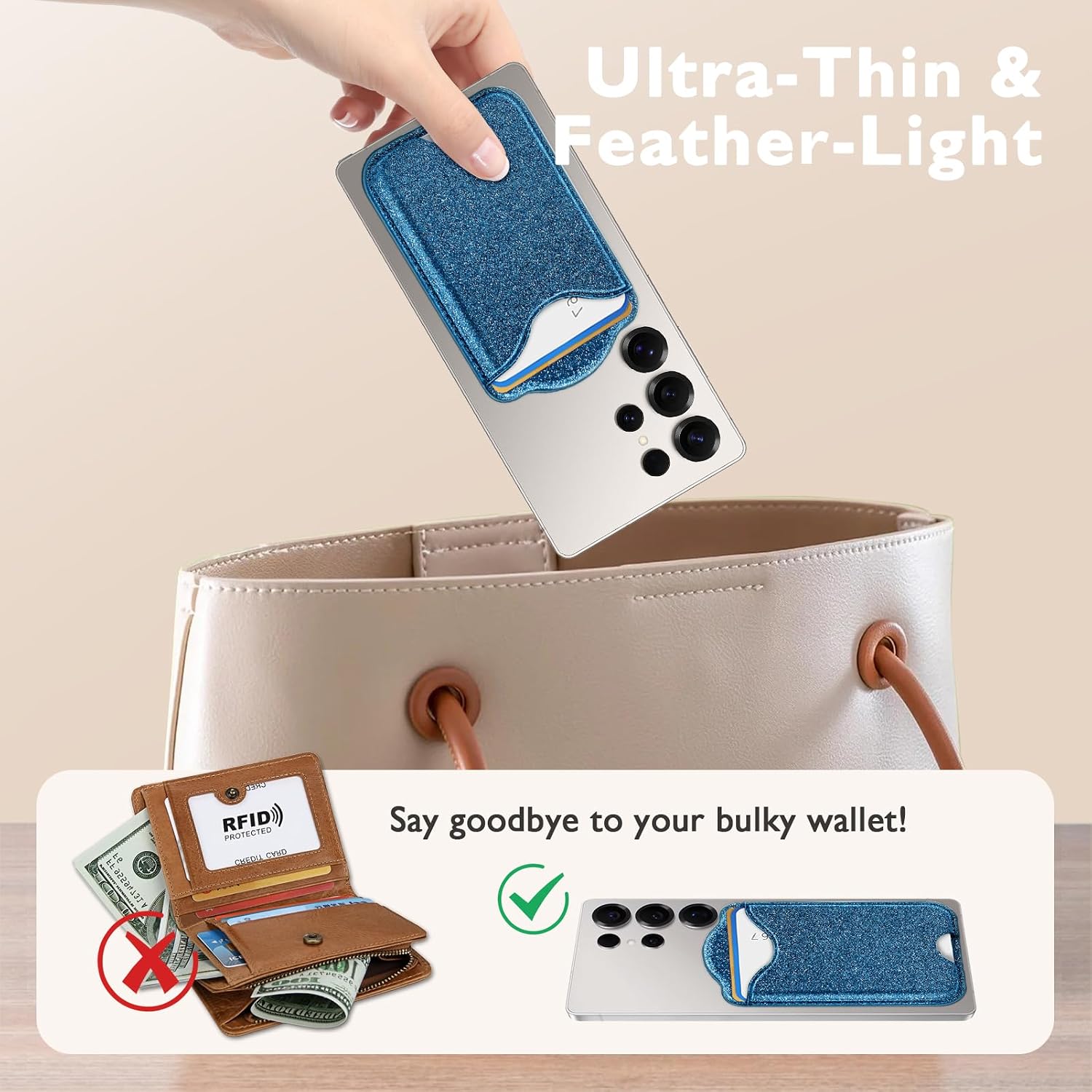 Fjcdslwx Compatible with Magsafe Wallet Magnetic Card Holder -Glitter Blue Phone Wallet for Galaxy S25 Series,iPhone 17/16/15/14/13 Series for Women Teen Girls for Apple Mag RFID Magnet,Fit 3 Cards image 2