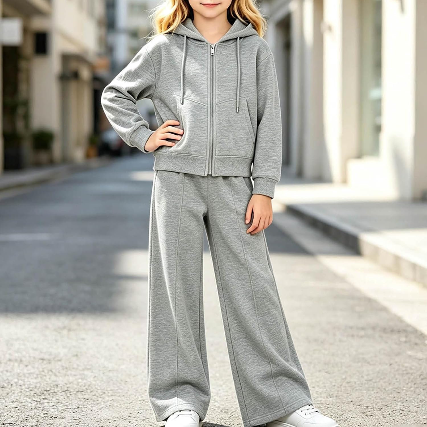 2 Piece Sweatsuits for Teen Girls Zip up Hoodies Wide Leg Sweatpants Set