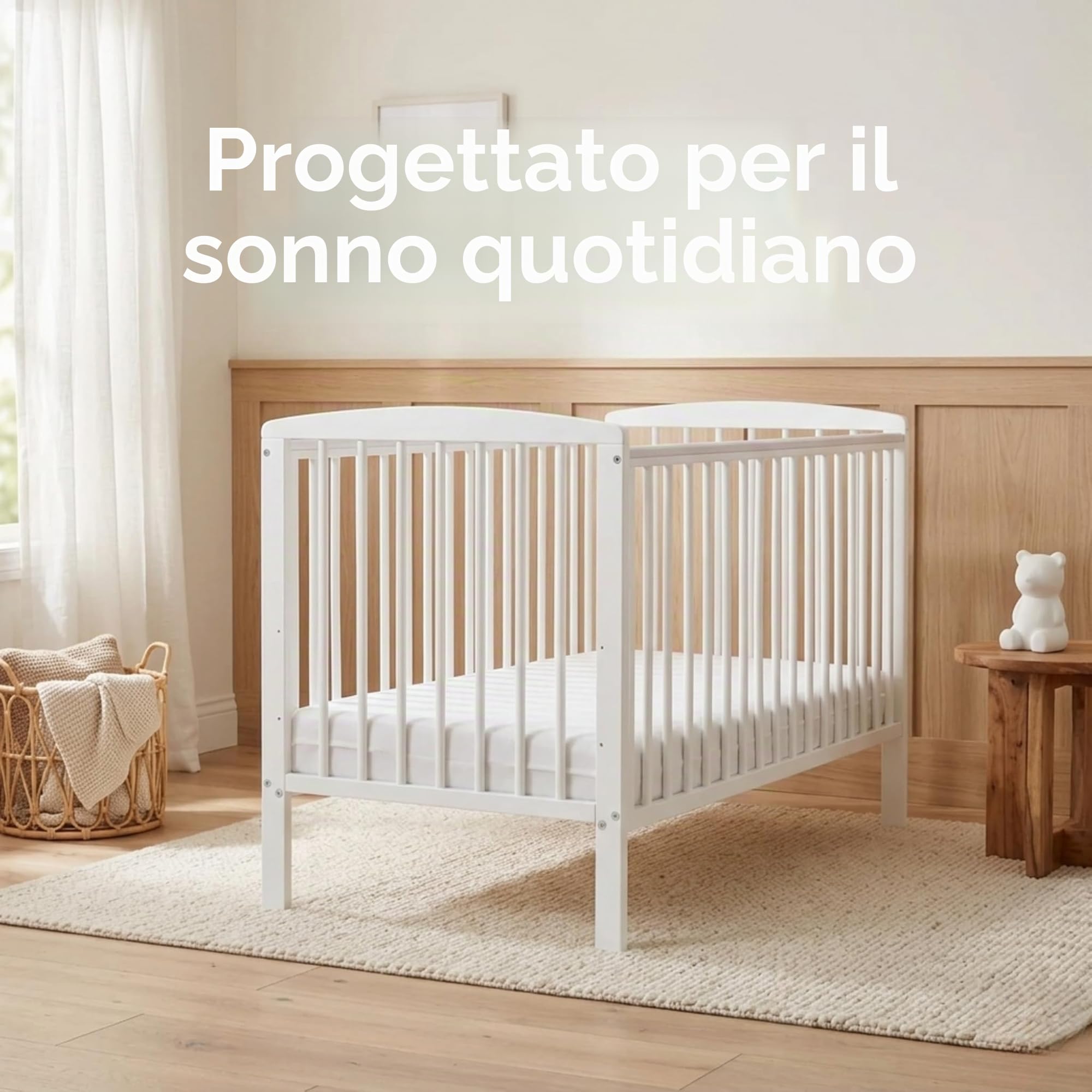 Starlight Culla di Baby Elegance | Lettino in legno bianco con altezze regolabili, barre per dentizione resistenti e design compatto | Letto per neonati ideale per piccoli spazi | Materasso venduto