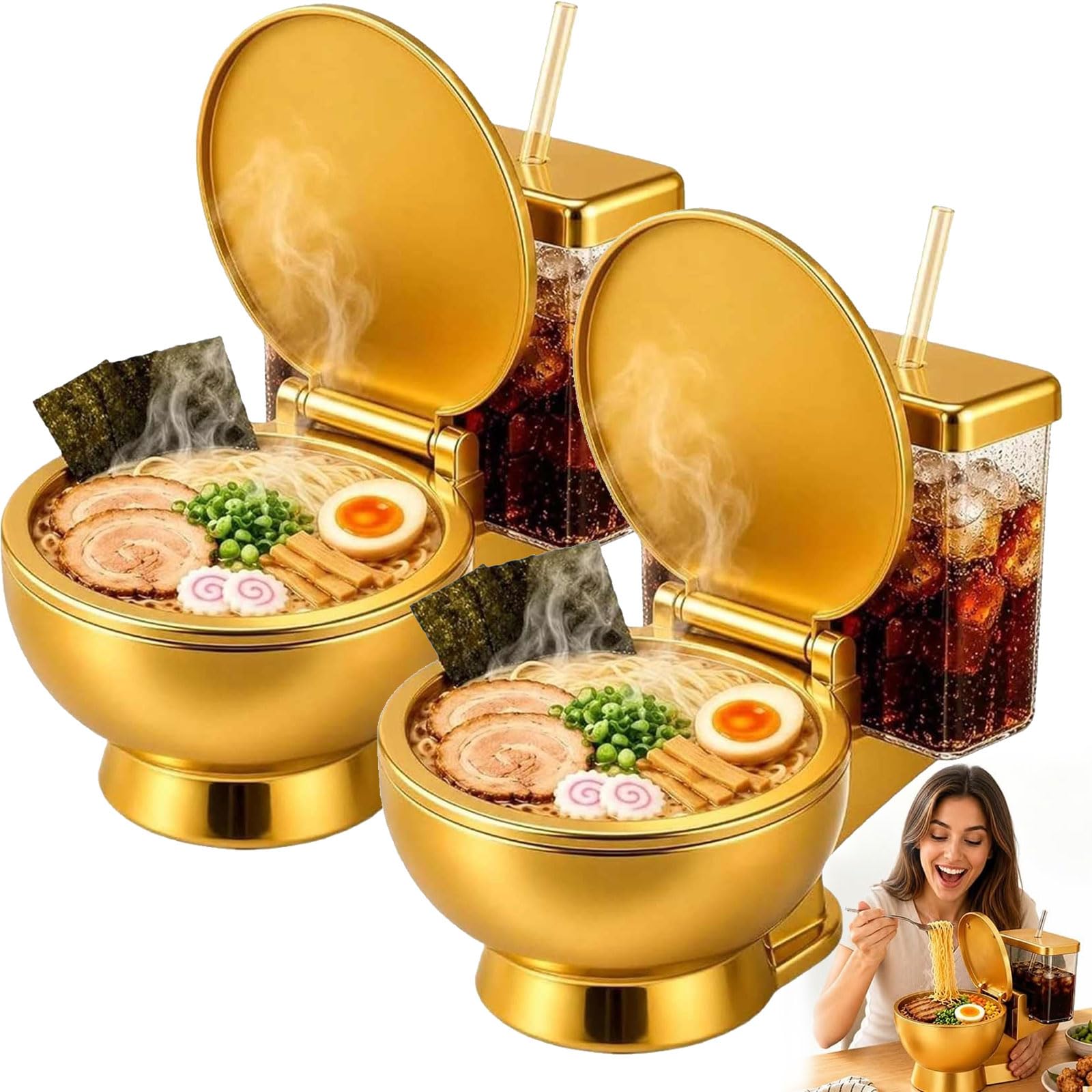 Lot de 2 bols à ramen de toilettes avec tasse et paille intégrées, ensemble de bols à ramen en forme de toilettes, bols à nouilles réutilisables et boissons pour nouilles instantanées, cadeau amusant