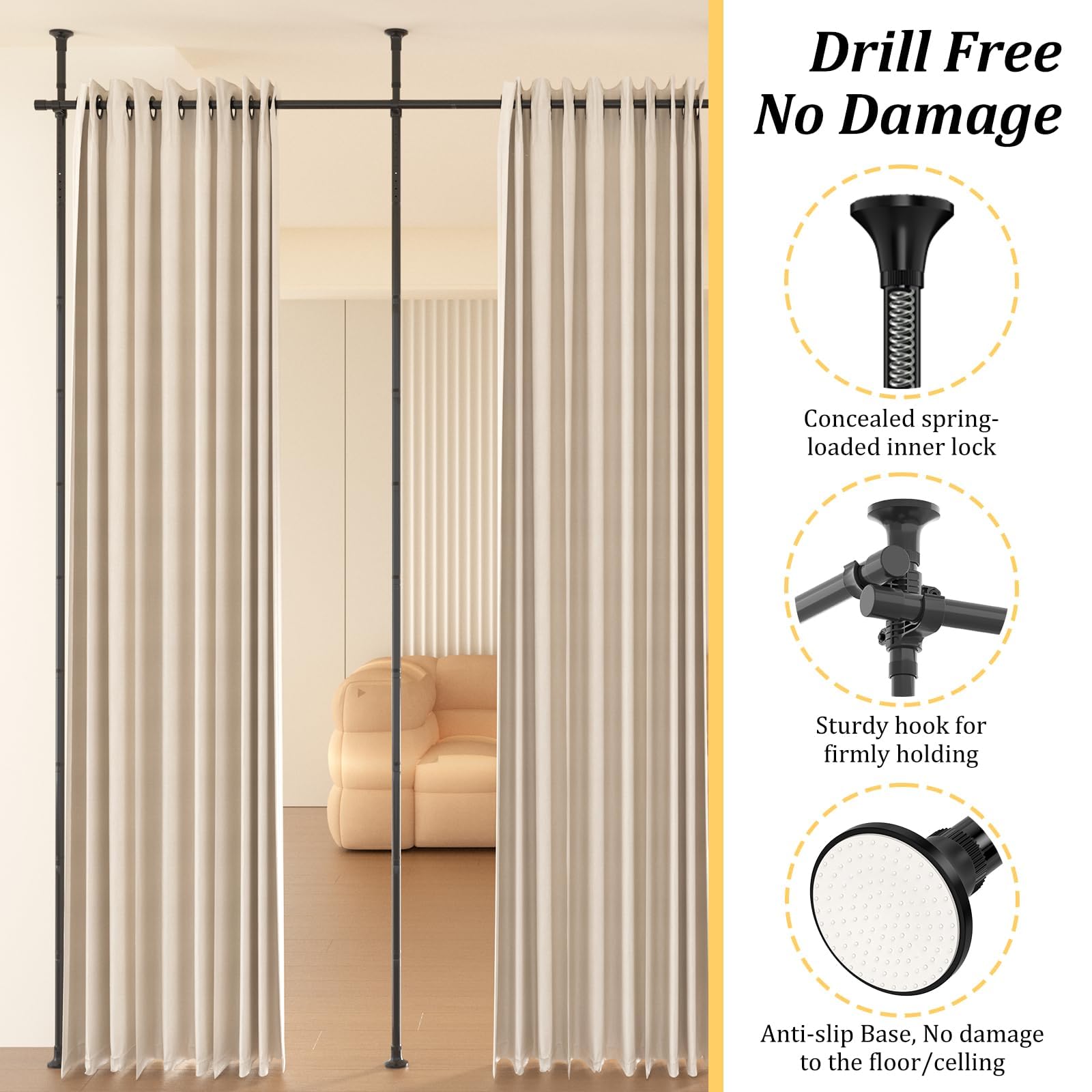 Stanza divisoria per paravento, 3 pezzi, asta per tende senza tenda, paravento flessibile, regolabile, divisorio o asta per tende, frangivista per soggiorno, camera da letto, larghezza 420 cm
