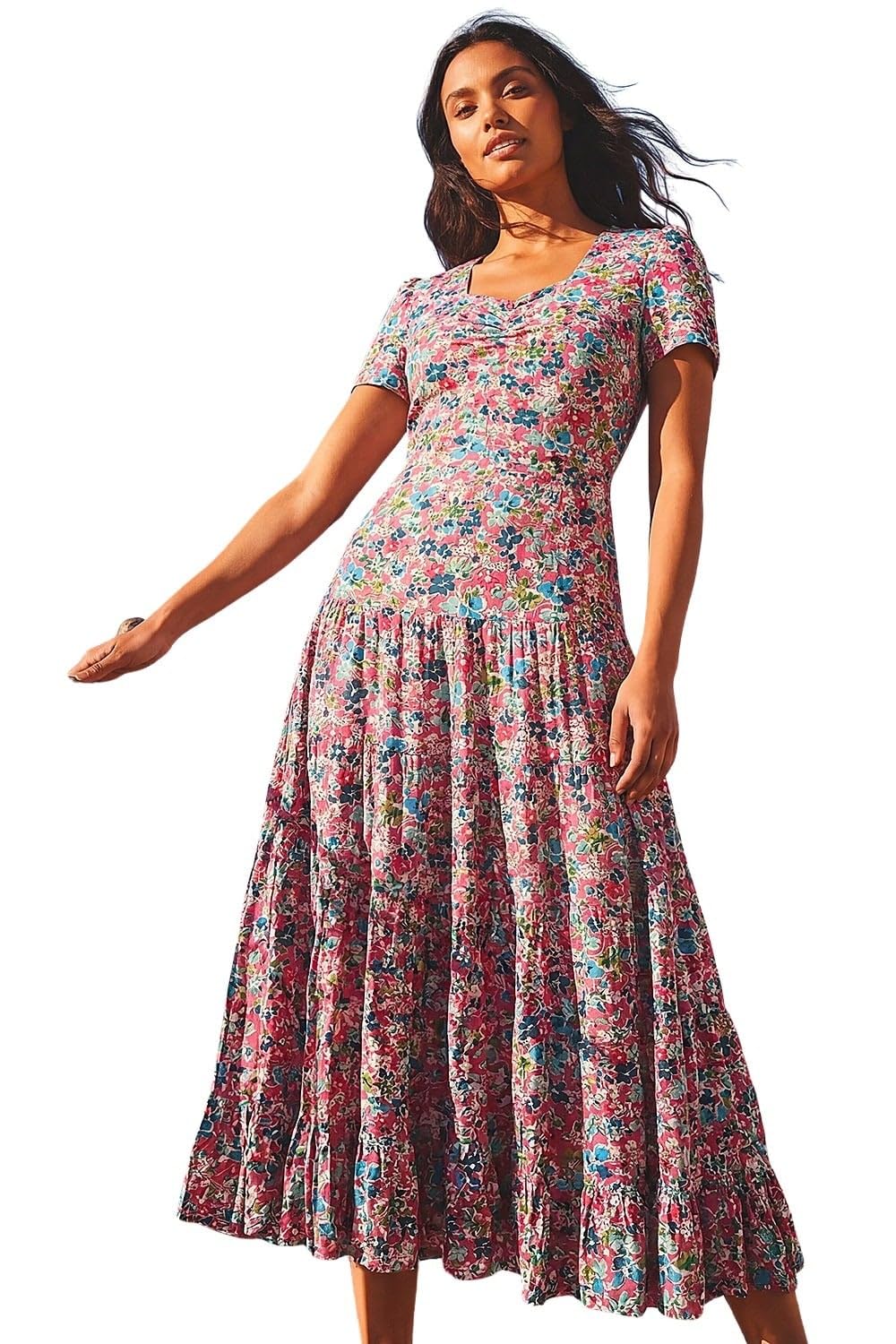 Roman Women's Pink Floral Ruched Midi Dress In | : Size 20