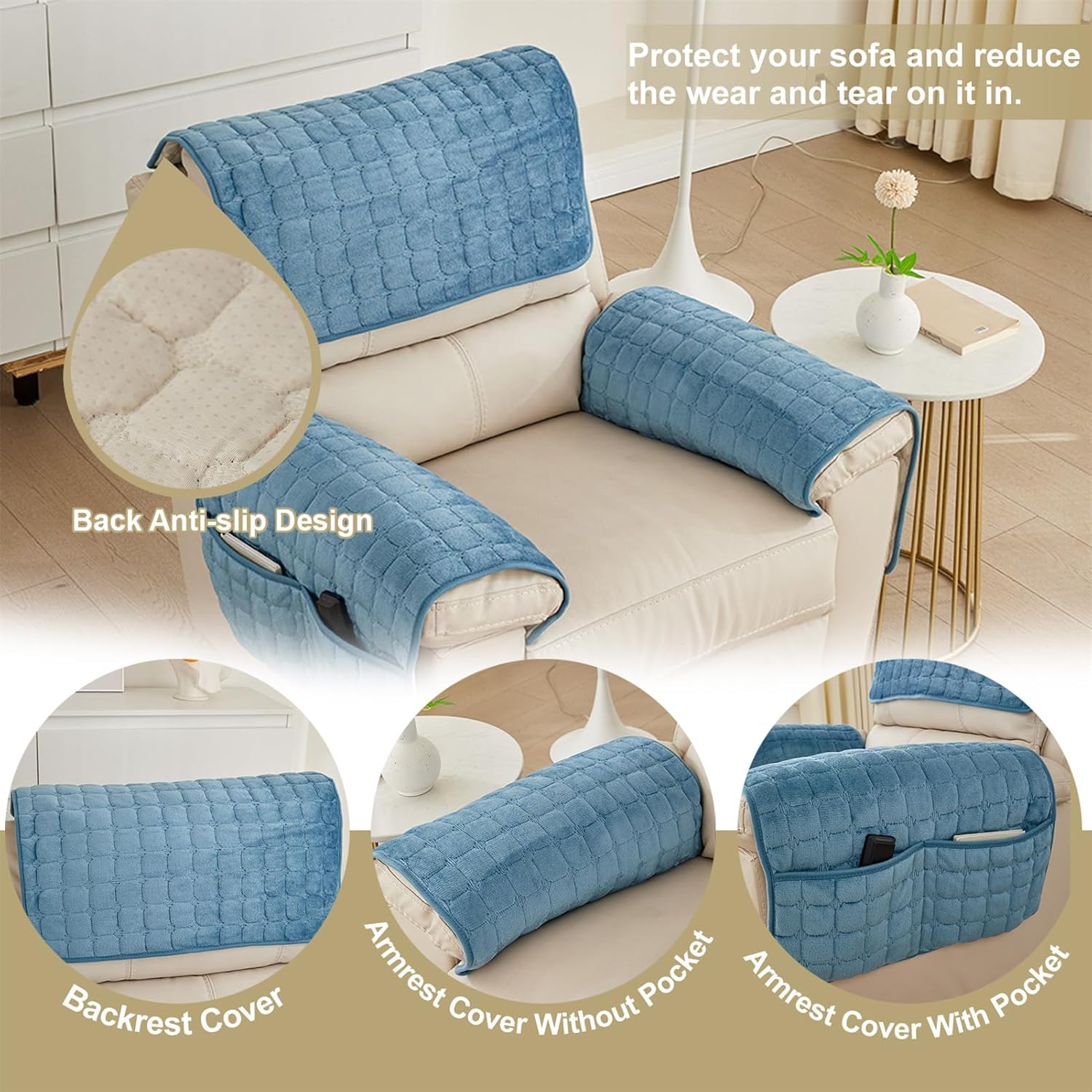 Recliner Chair Cover Headrest Cover Thickened Flannel for Recliner Chair Quilted Non Slip Armchair Cover with Pockets Furniture Protector Cover for Pets (Blue,1 Seater 3PCS)