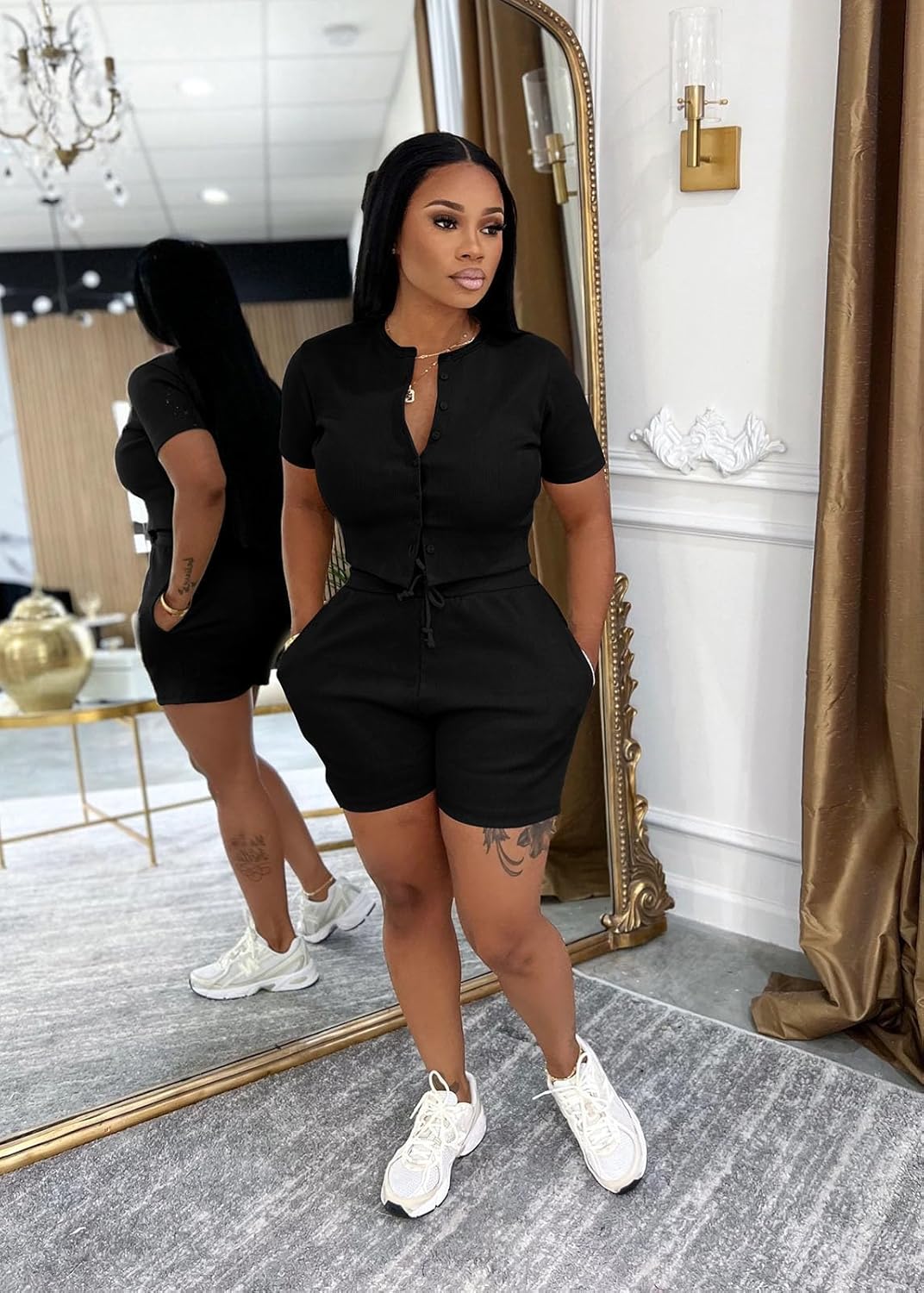 Vssjavun Women's 2 Piece Outfits Ribbed Knit Button Down Short Sleeve Top Bodycon Short Sets Matching Sets Loungewear - Image 2