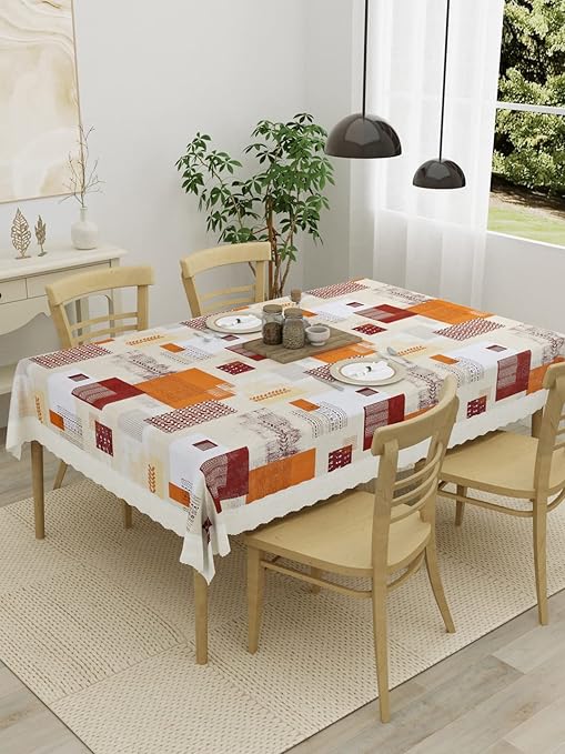 Clasiko 4 Seater Dining Table Cover; 54x78 Inches or 137x198 Cms; Material - PVC; Shape - Rectangle; Pack of 1; Anti Slip; Orange & Maroon Checks