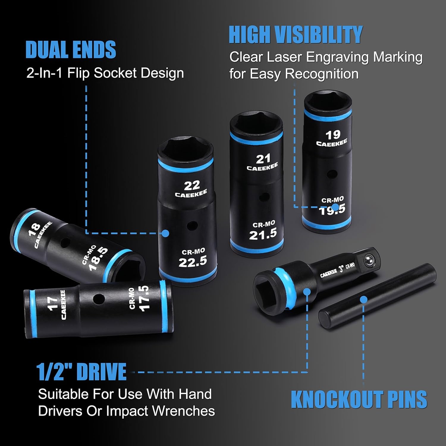 1/2" Drive Lug Nut Impact Socket Set, 7PCS Thin Wall Flip Socket Set, Half Size Metric Wheel Socket Set,17.5mm, 18.5mm, 19.5mm, 21.5mm, 22.5mm, 6 Point, CR-MO, 3" Extension Bar & Knockout Bar