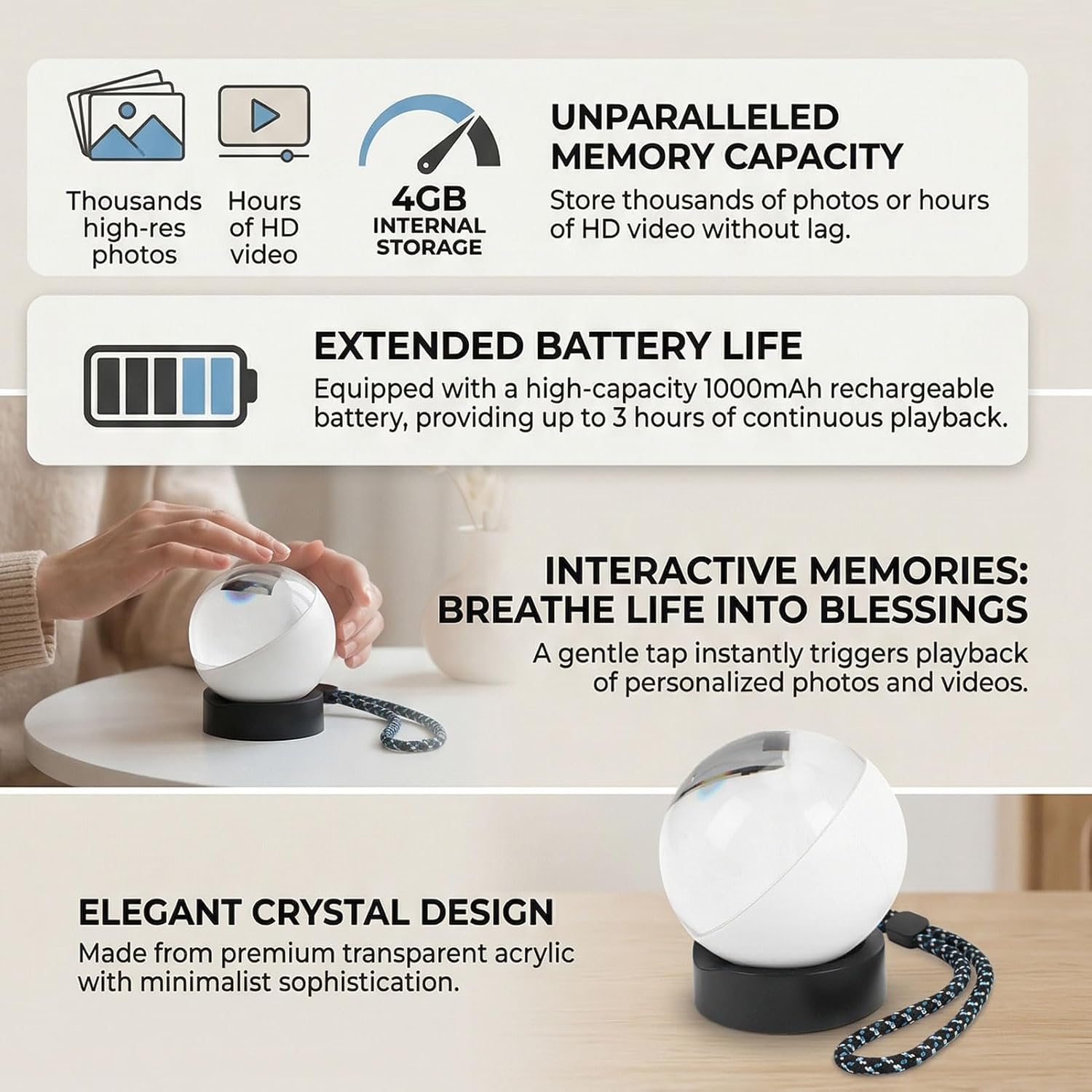 Tangxi Memory Orb Video Player, 4GB Uploadable Videos & Photos, 2.8 Inch Personalized Unique Desk Night Ornament for Anniversary, Birthday, Wedding