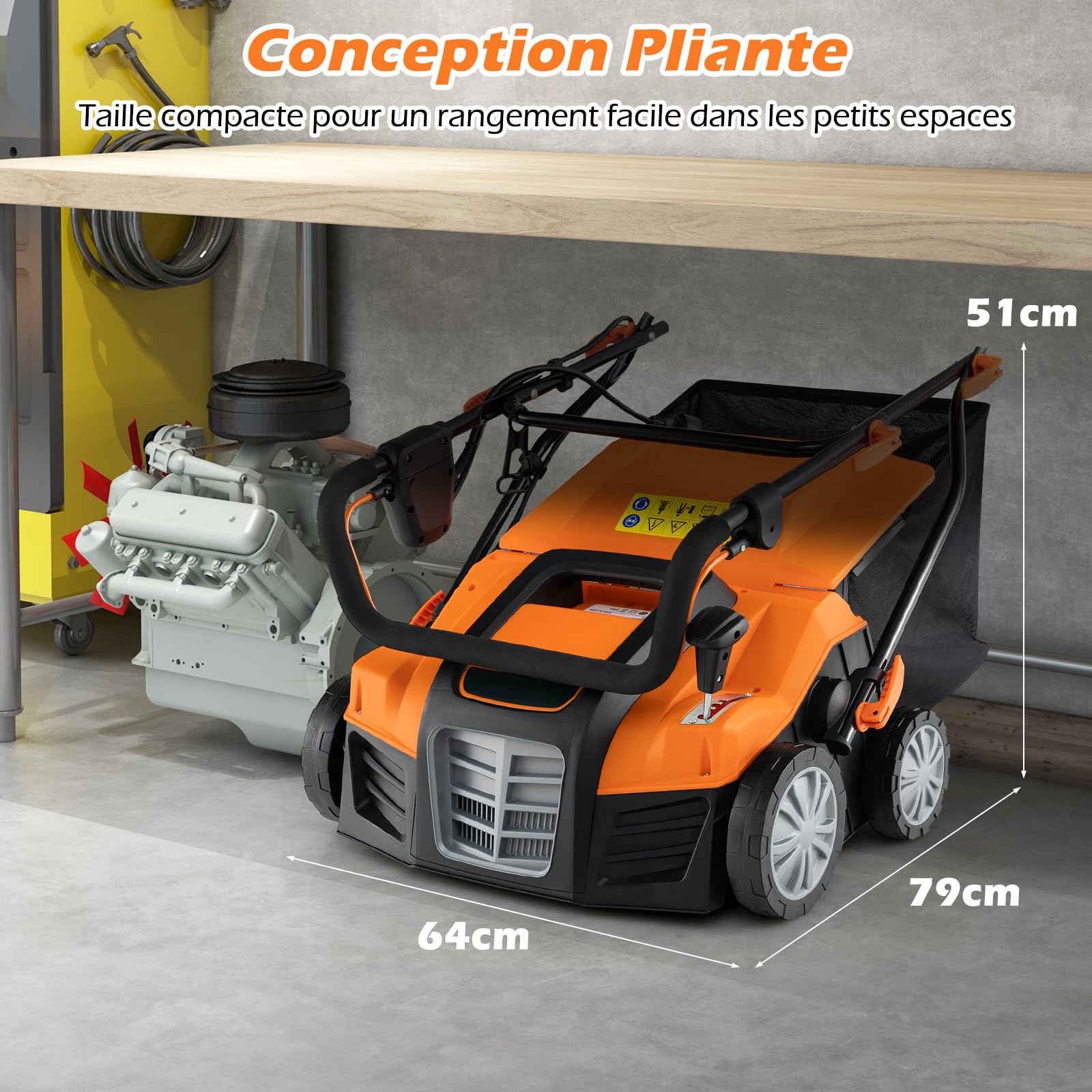 GOPLUS 2 en 1 Déchaumeuse Scarificateur Electrique 2000W, Largeur de Travail 40cm, 3500rpm, 5 Profondeurs Réglable, 3 Hauteurs Poignée, Sac 55L Amovible, Râteau Electrique Pliable Pelouse 800㎡(Orange)