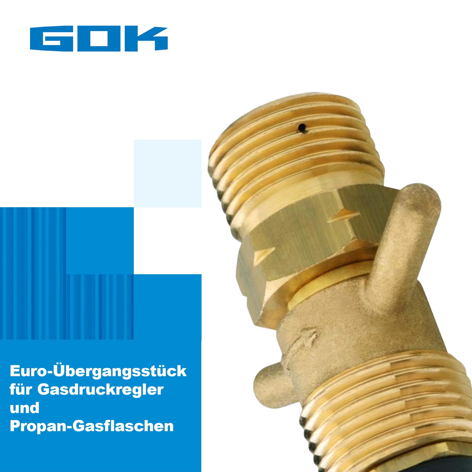 GOK Gasadapter Skandinavien, Euro Übergangsstück für Gasflasche, aus Messing, Gasflaschen-Adapter AG KLF (G.12) x AG POL weich mit Flügelschraube (G.10)