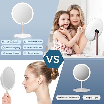 Round Makeup Mirror with Lights, Rechargeable, 3 Color Modes, Dimmable