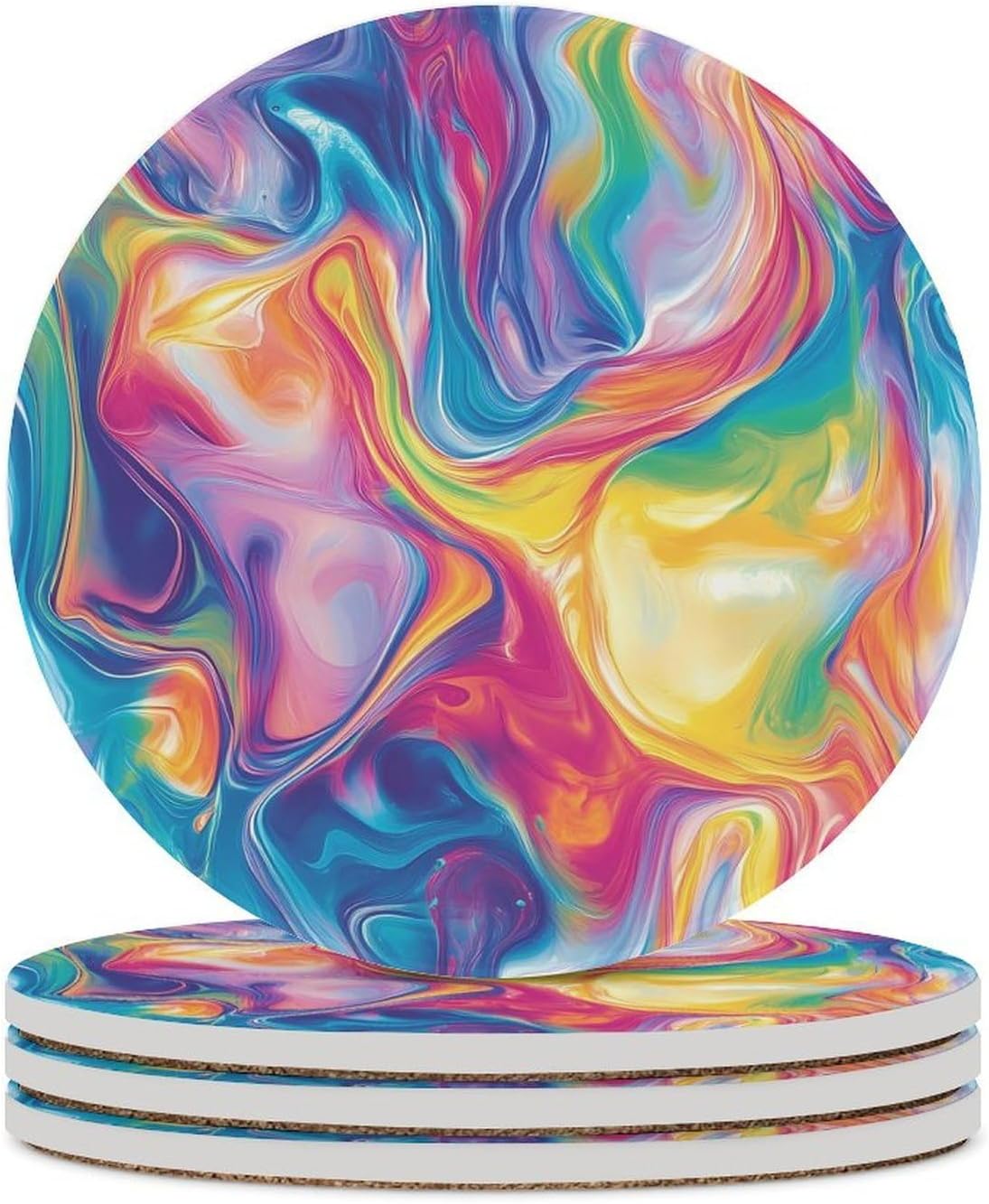 PsychedelicRainbow Round Ceramic Coasters Print Drinks Absorbent with Cork Base for Home Decor Gifts 4 Inch