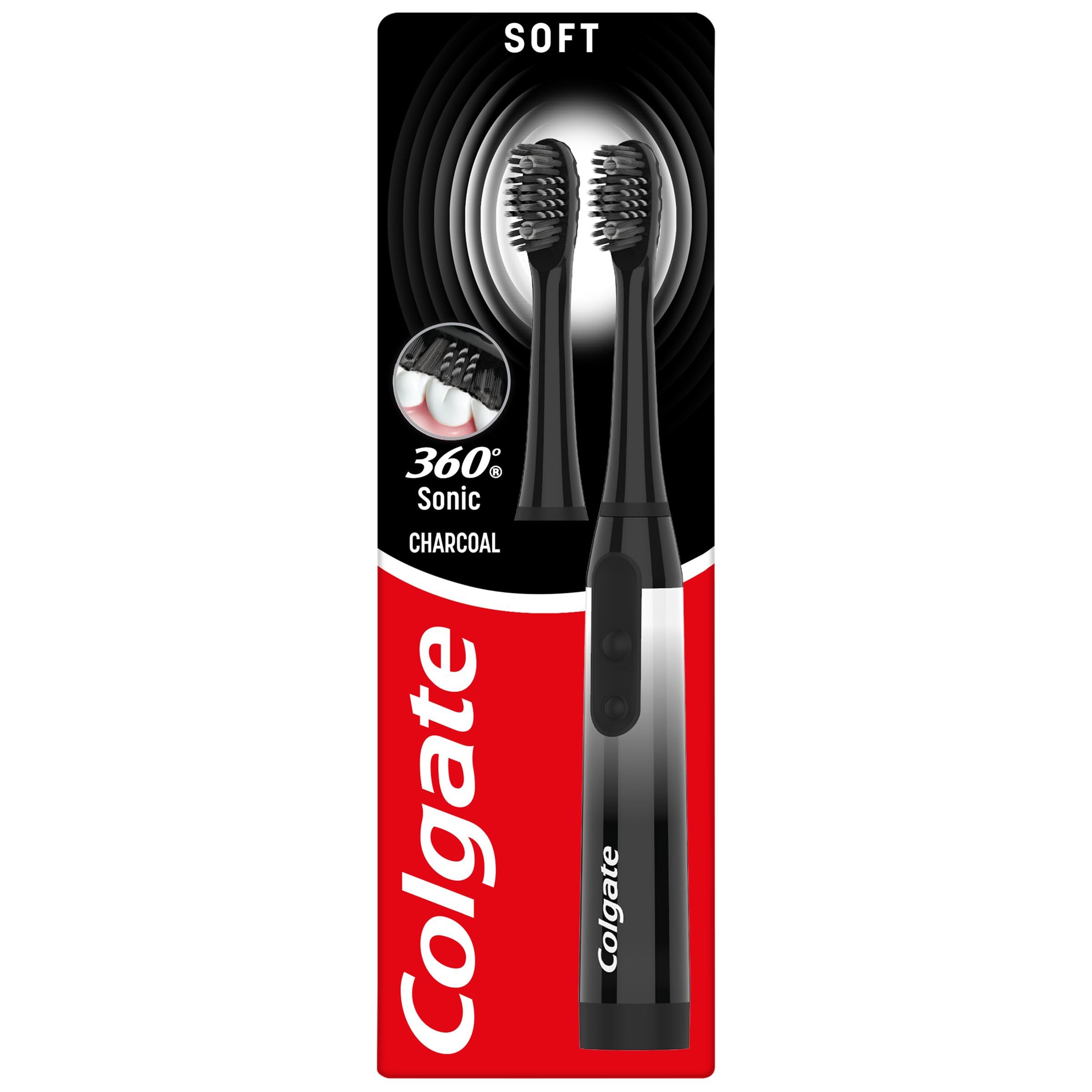 Colgate Battery 360 Sonic Charcoal Soft Toothbrush with Charcoal Infused bristles Cleans in 4 Ways for a Healthy, Whole Mouth Clean with a Replaceable Head and a Battery