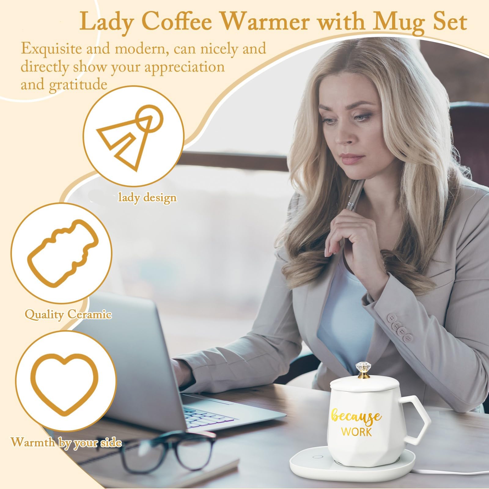 Hushee Boss Lady Chauffe-tasse à café pour femme de 382,7 g avec ensemble de tasses, chauffe-eau électrique avec couvercle, cuillère et dessous de verre pour bureau, maison, cadeau d'anniversaire